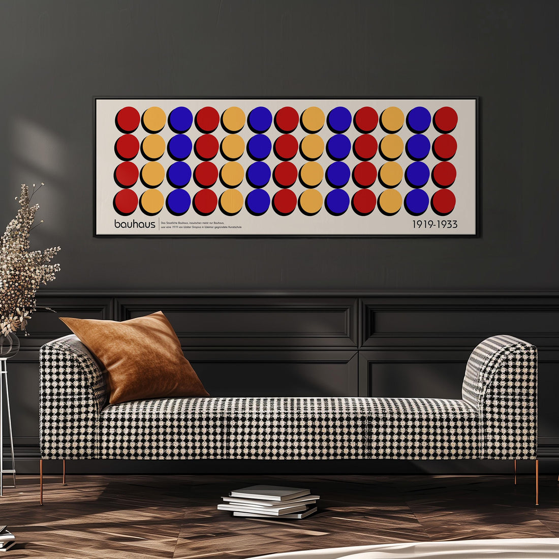 a large framed poster of a repeating pattern of circles in various colors, including red, yellow, blue, and orange, hanging on a wall above a brown sofa.