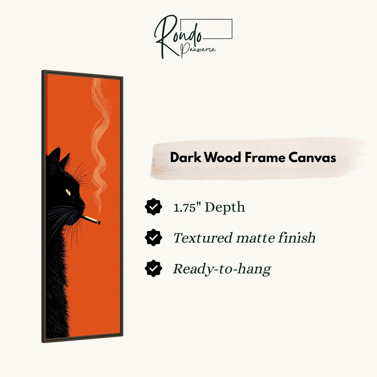 Black cat profile with curling smoke on orange canvas print in a dark wood floating frame