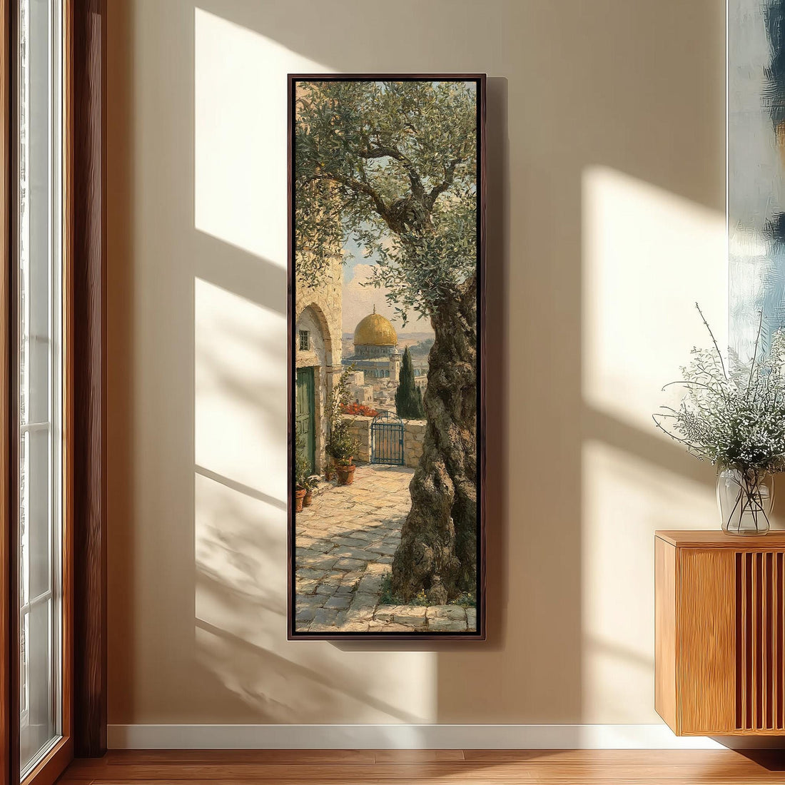 Ancient olive tree near the golden dome long vertical canvas print in a sunlit living space