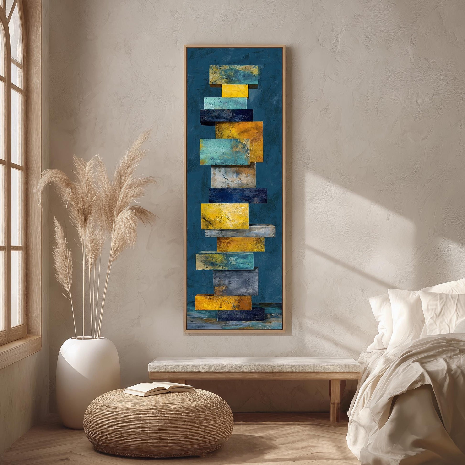 a modern art piece with a blue and yellow color scheme, hanging on a wall in a minimalist bedroom setting.