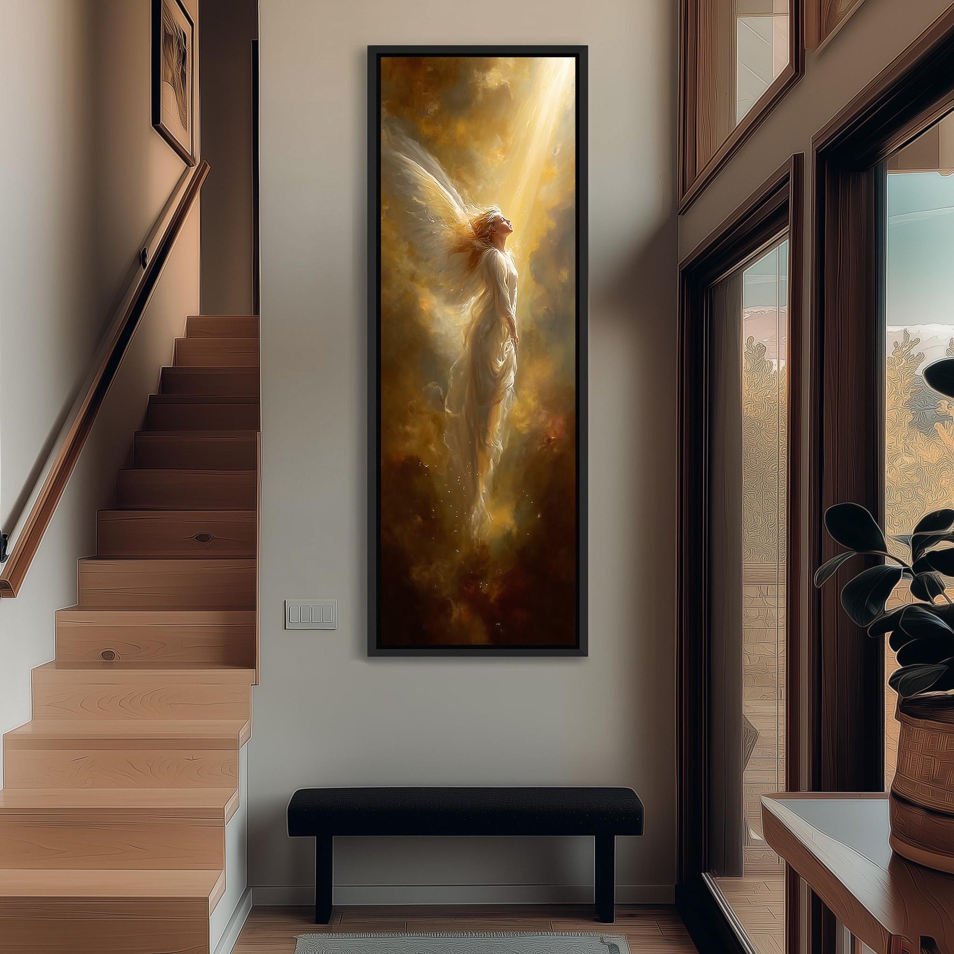 a large, framed painting of a woman with wings, hanging on a wall in a hallway. The painting is surrounded by a wooden staircase and a bench, creating a serene and artistic atmosphere.