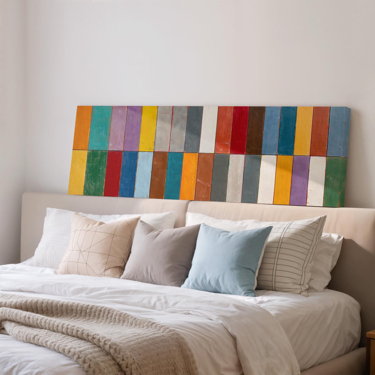 Bright color block rows wide panoramic canvas print above a bed in a bedroom