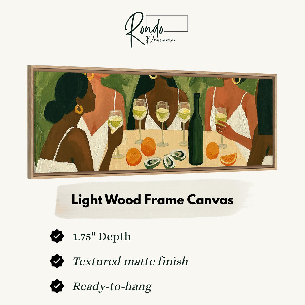 Friends toasting with white wine canvas print in a light wood floating frame