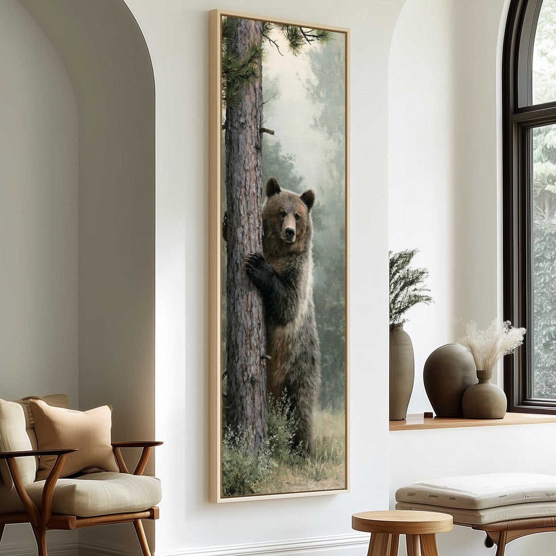 Brown bear standing against a pine tree long vertical canvas print in a sunlit living space