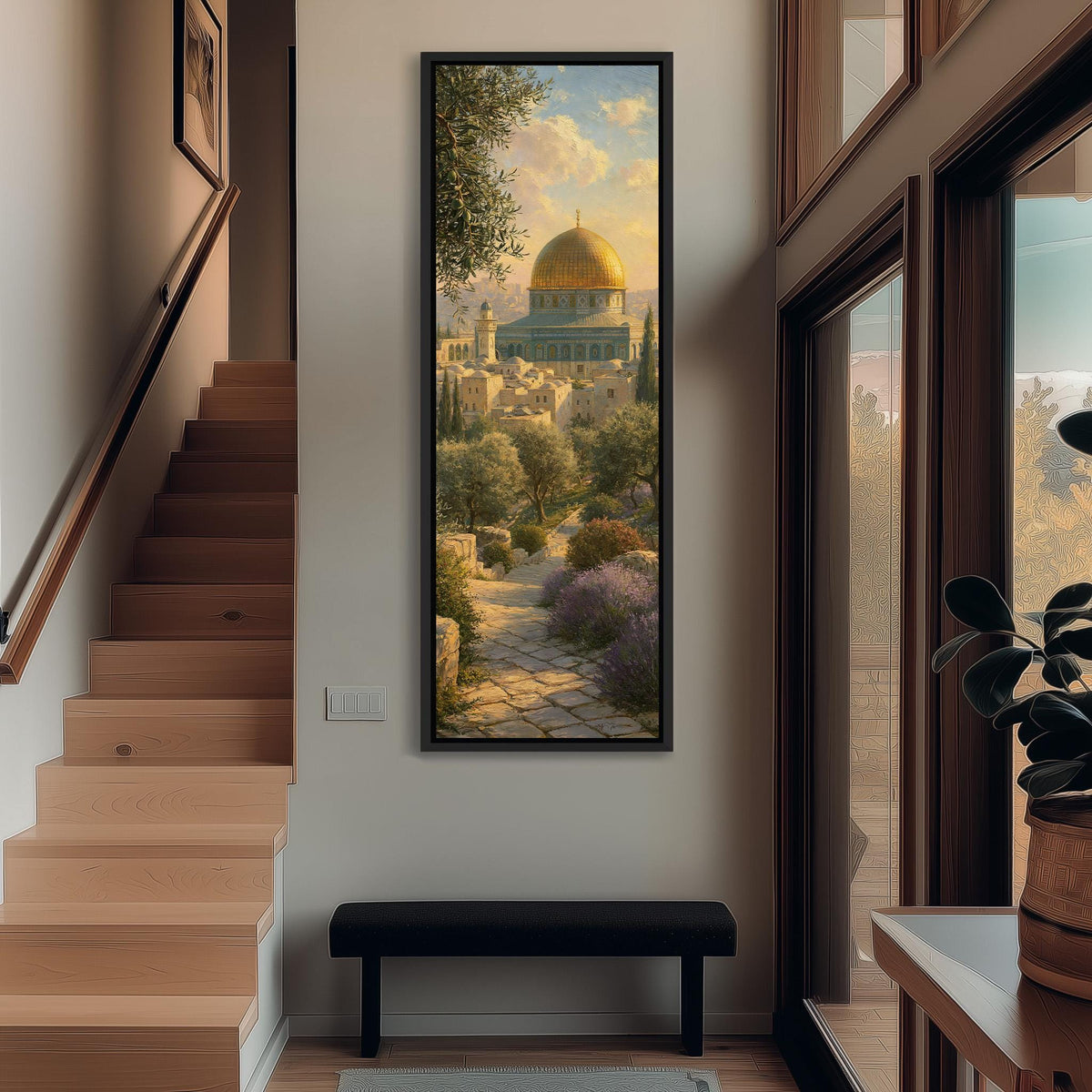 Garden path leading to the golden Dome of the Rock tall narrow canvas print beside a staircase in an entryway