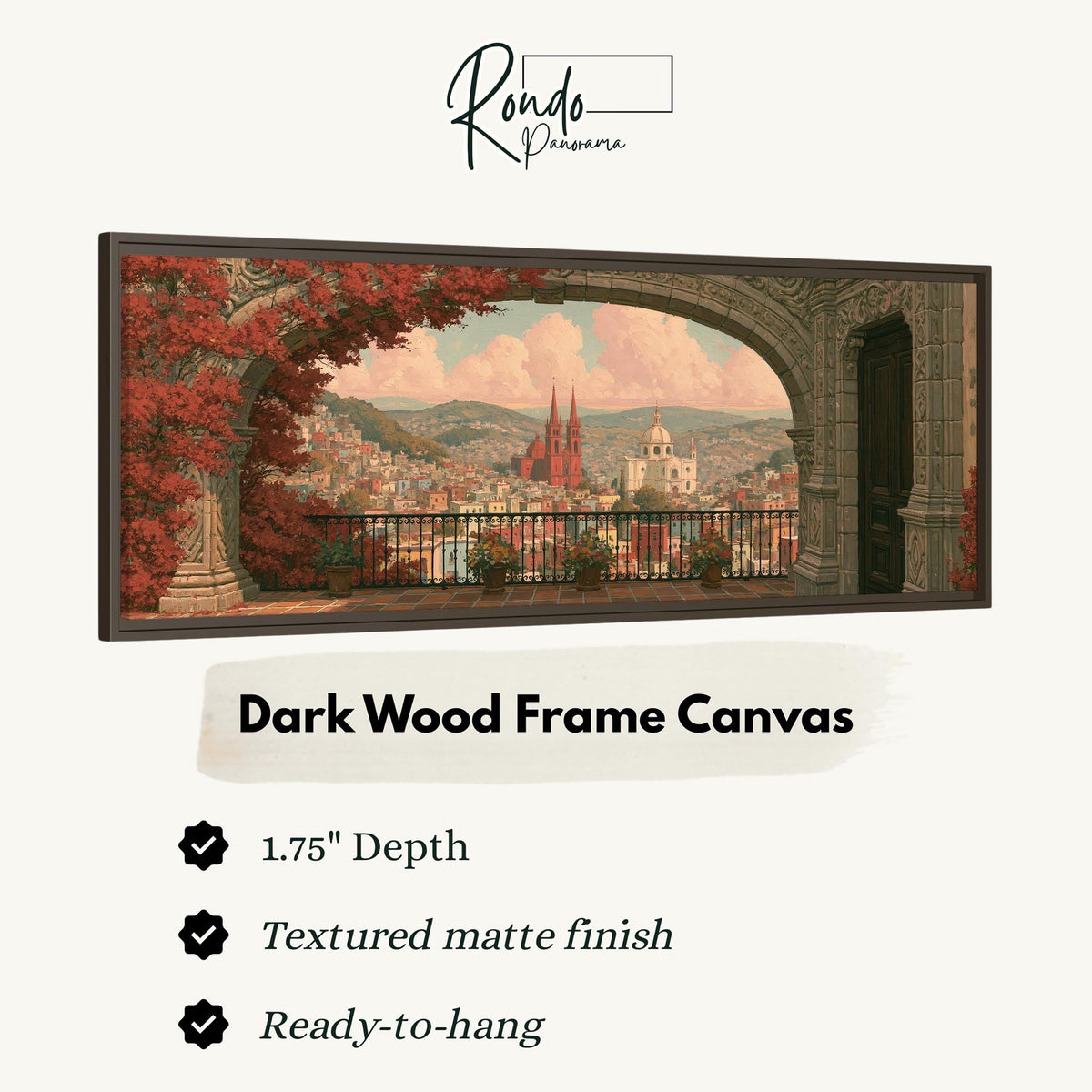 Old world city view through an archway canvas print in a dark wood floating frame