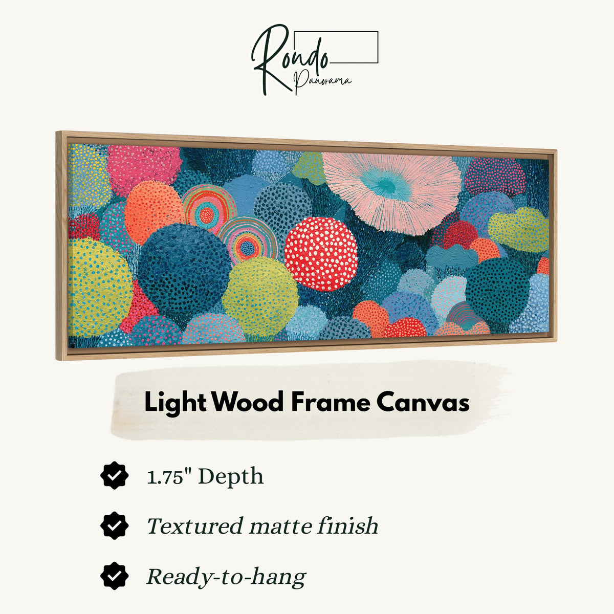 Coral spirals and dotted circles canvas print in a light wood floating frame