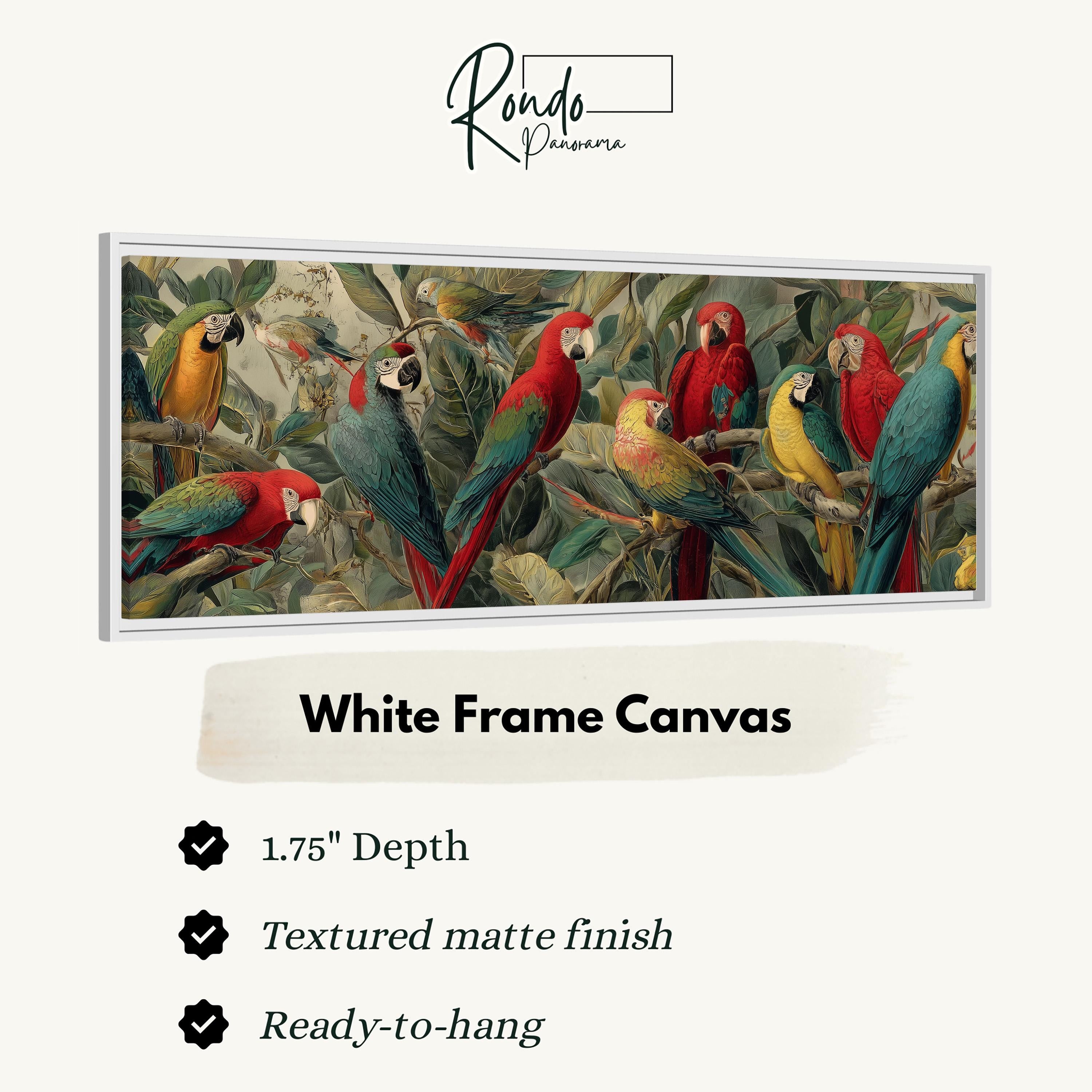 a vibrant painting of a group of colorful parrots perched on branches, with a white frame.