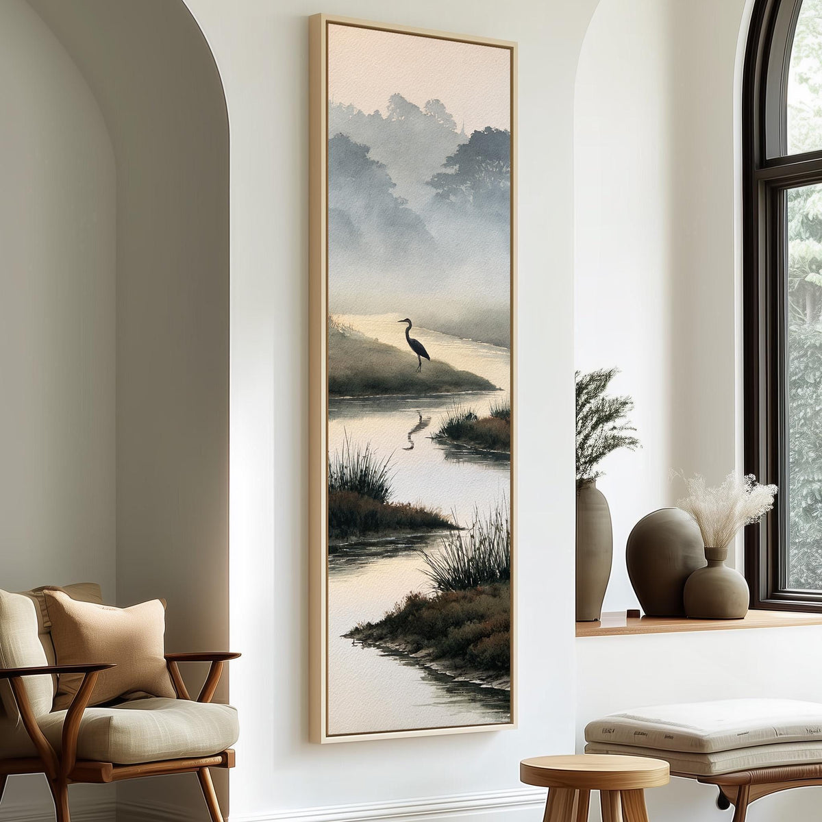 Heron in a misty wetland stream long vertical canvas print in a sunlit living space