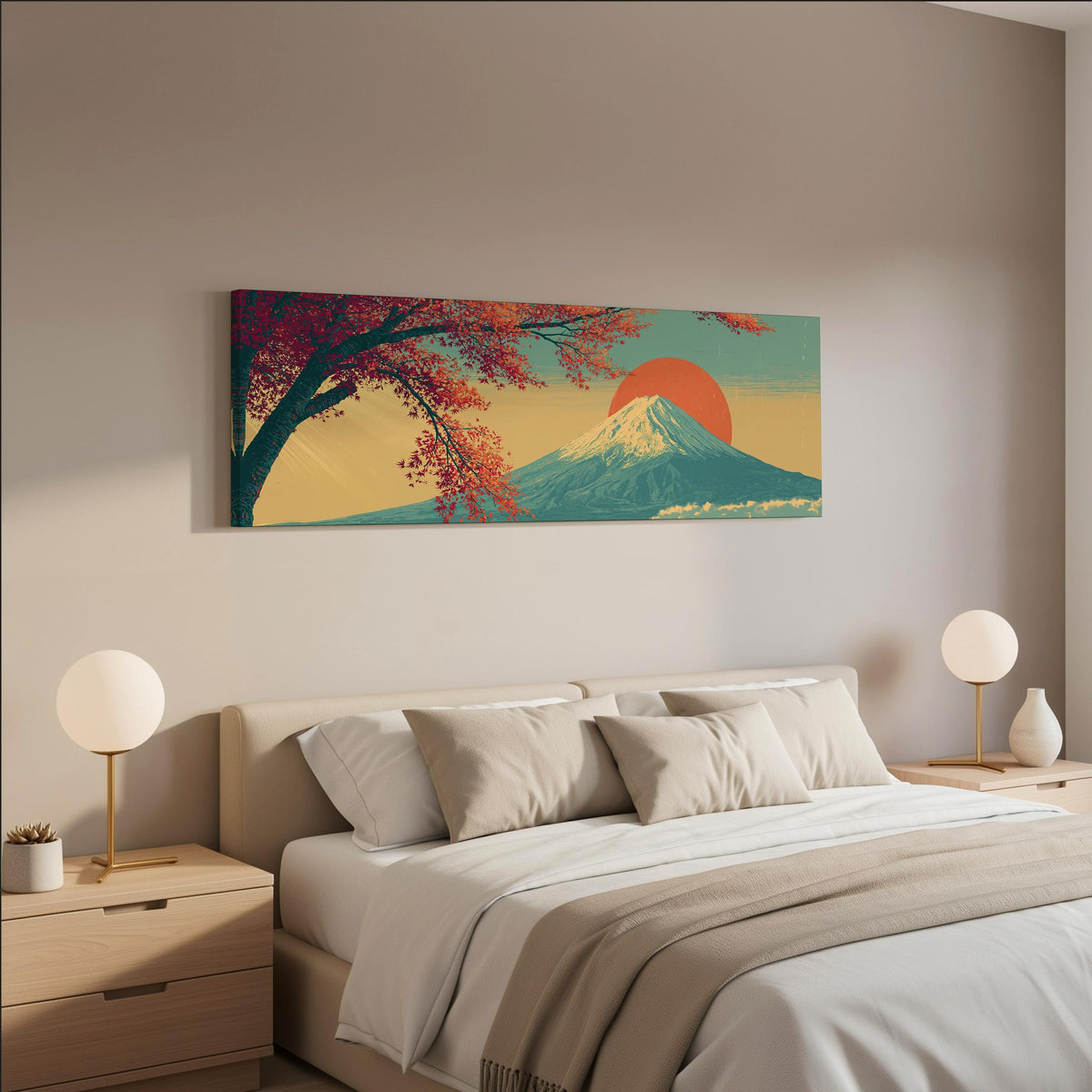Autumn maple branch and Mount Fuji at sunset wide panoramic canvas print above a bed in a neutral bedroom