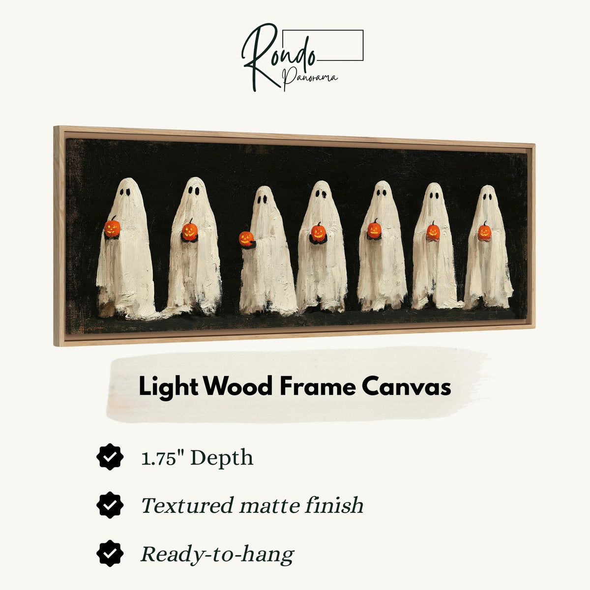 Row of ghosts holding pumpkins canvas print in a light wood floating frame