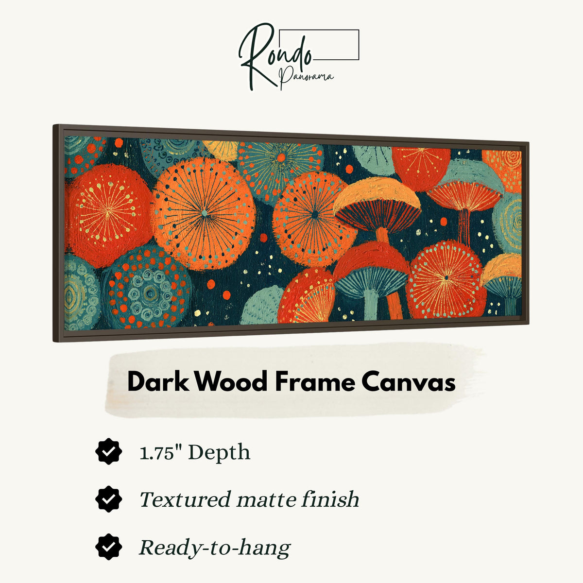 Orange and teal mushroom starburst canvas print in a dark wood floating frame