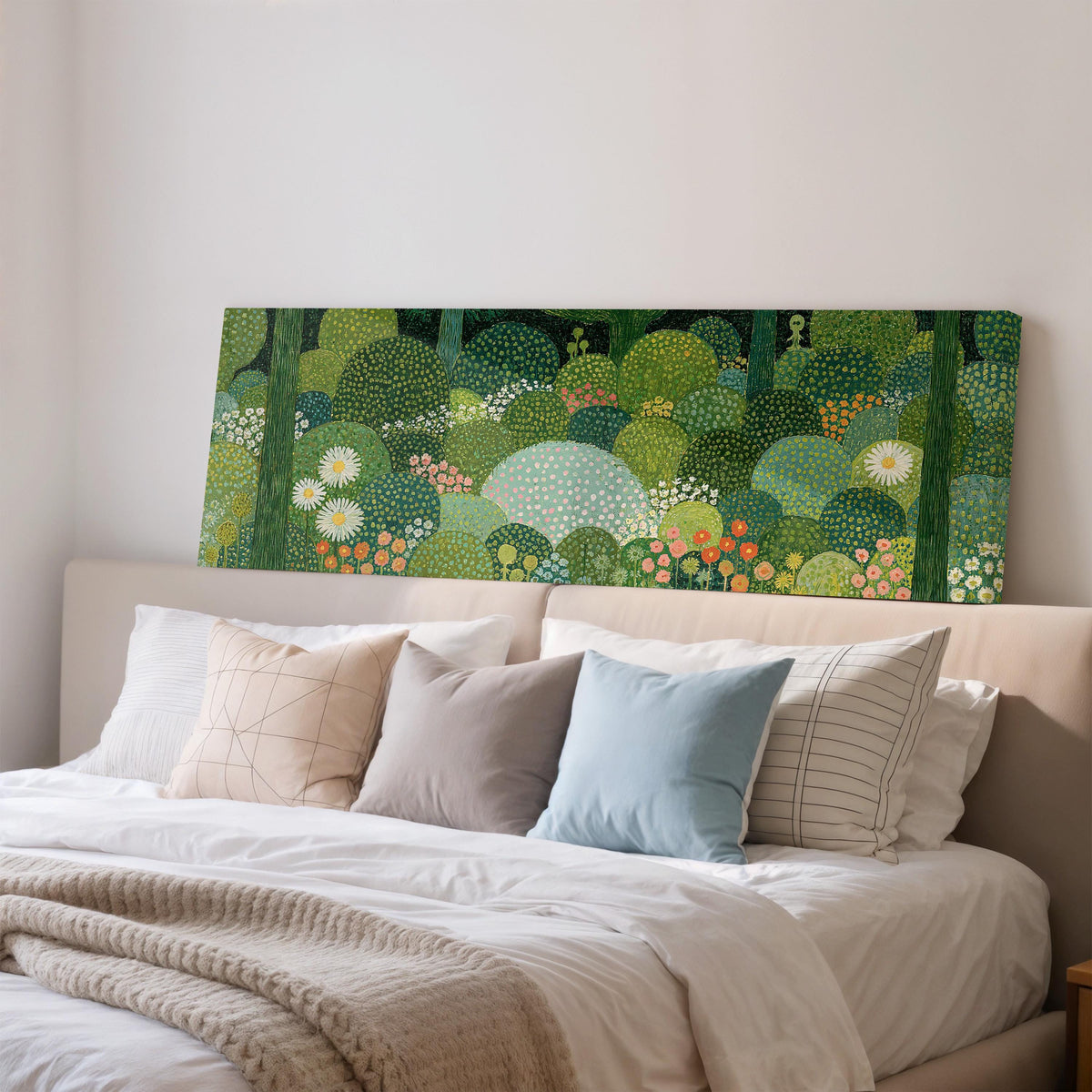 Whimsical dotted topiary garden wide panoramic canvas print above a bed in a bedroom