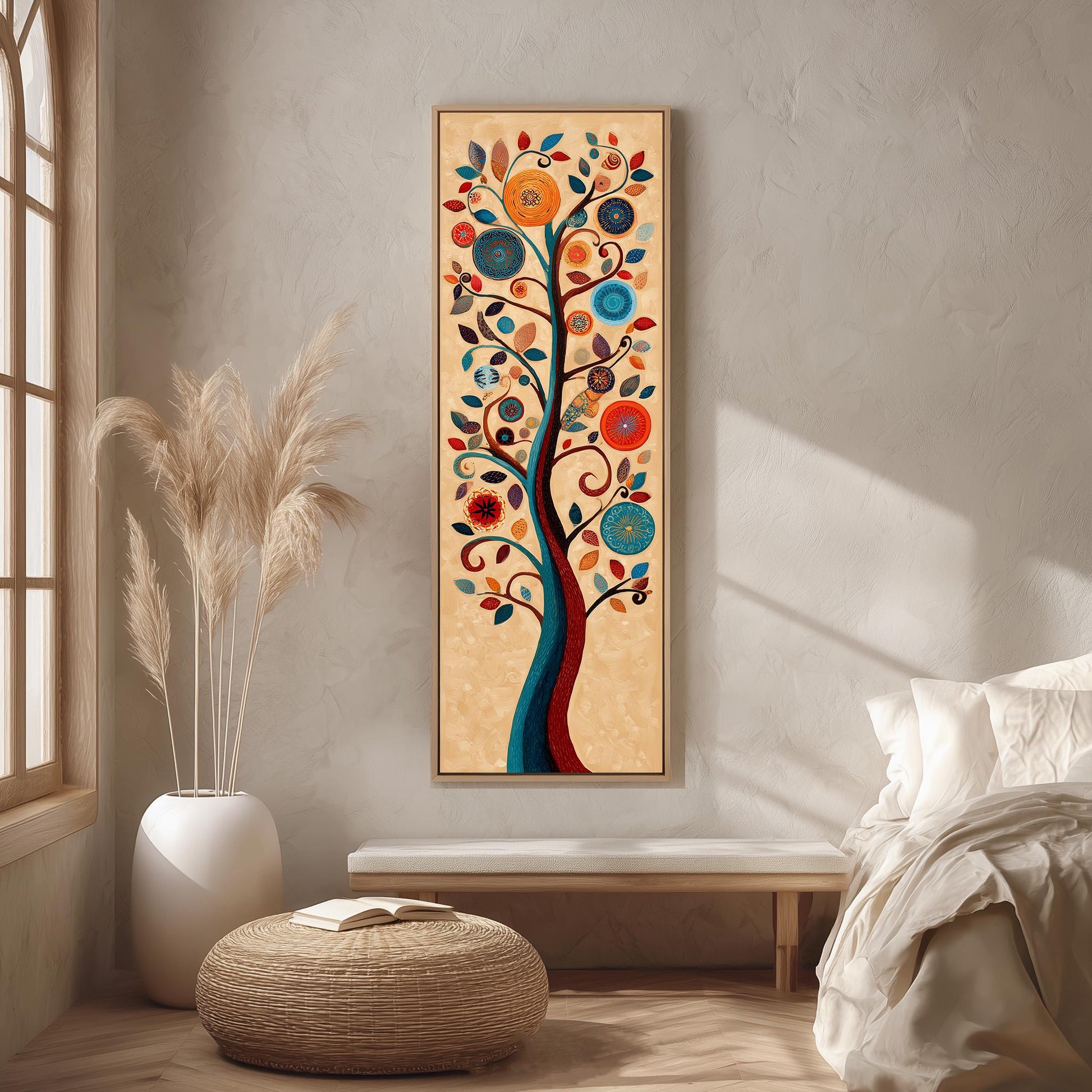 a large, colorful painting of a tree hanging on a wall in a room with a wooden floor and a white bed.