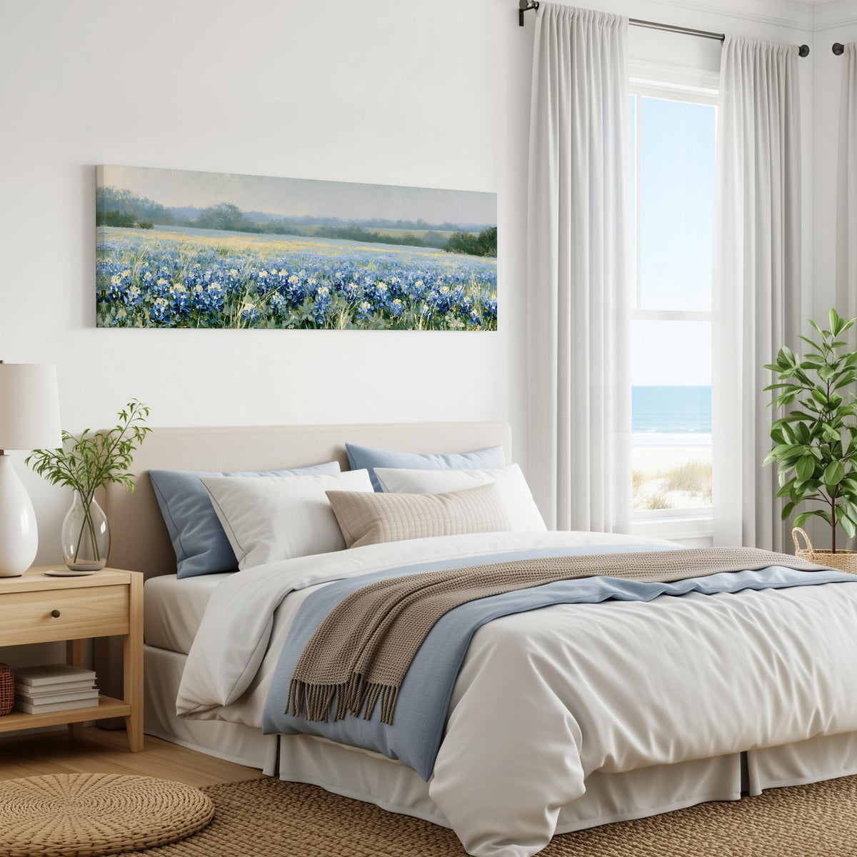 Field of bluebonnets panoramic canvas print above a bed in a coastal bedroom