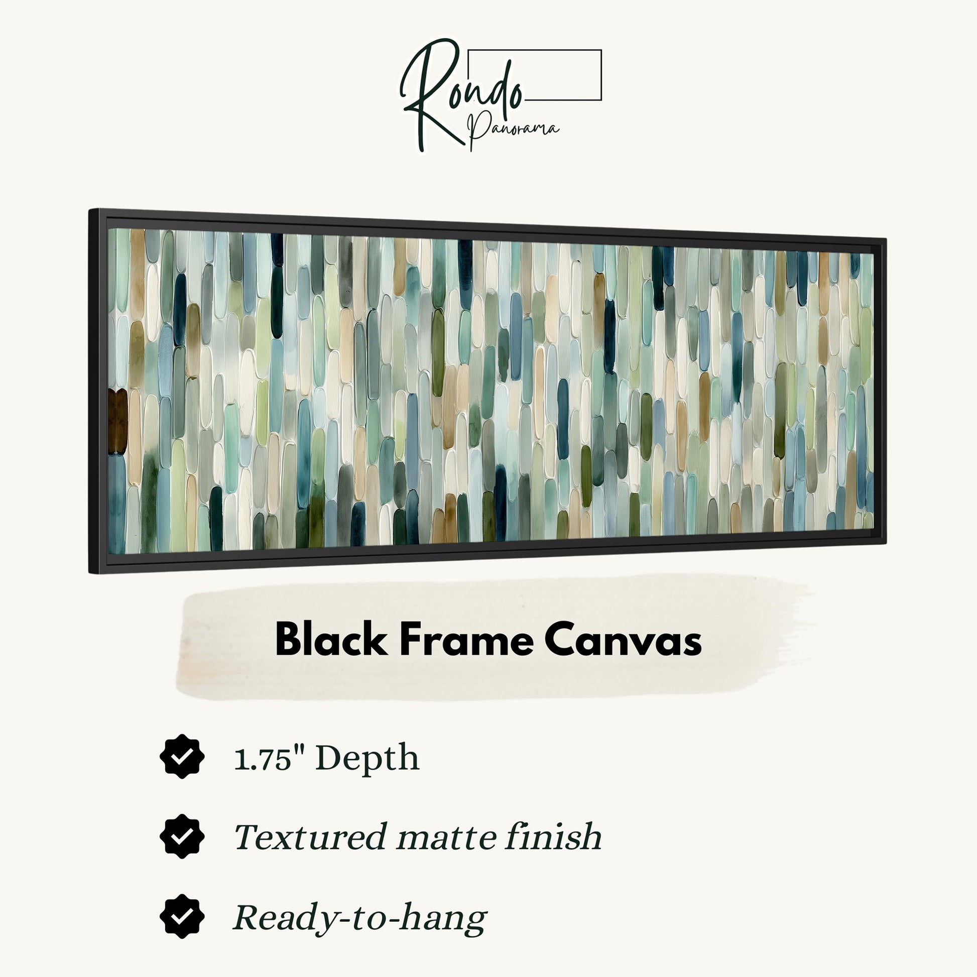 The image is a black frame canvas with a textured matte finish, measuring 1.75" in depth. It is ready to hang and has a textured matte finish.