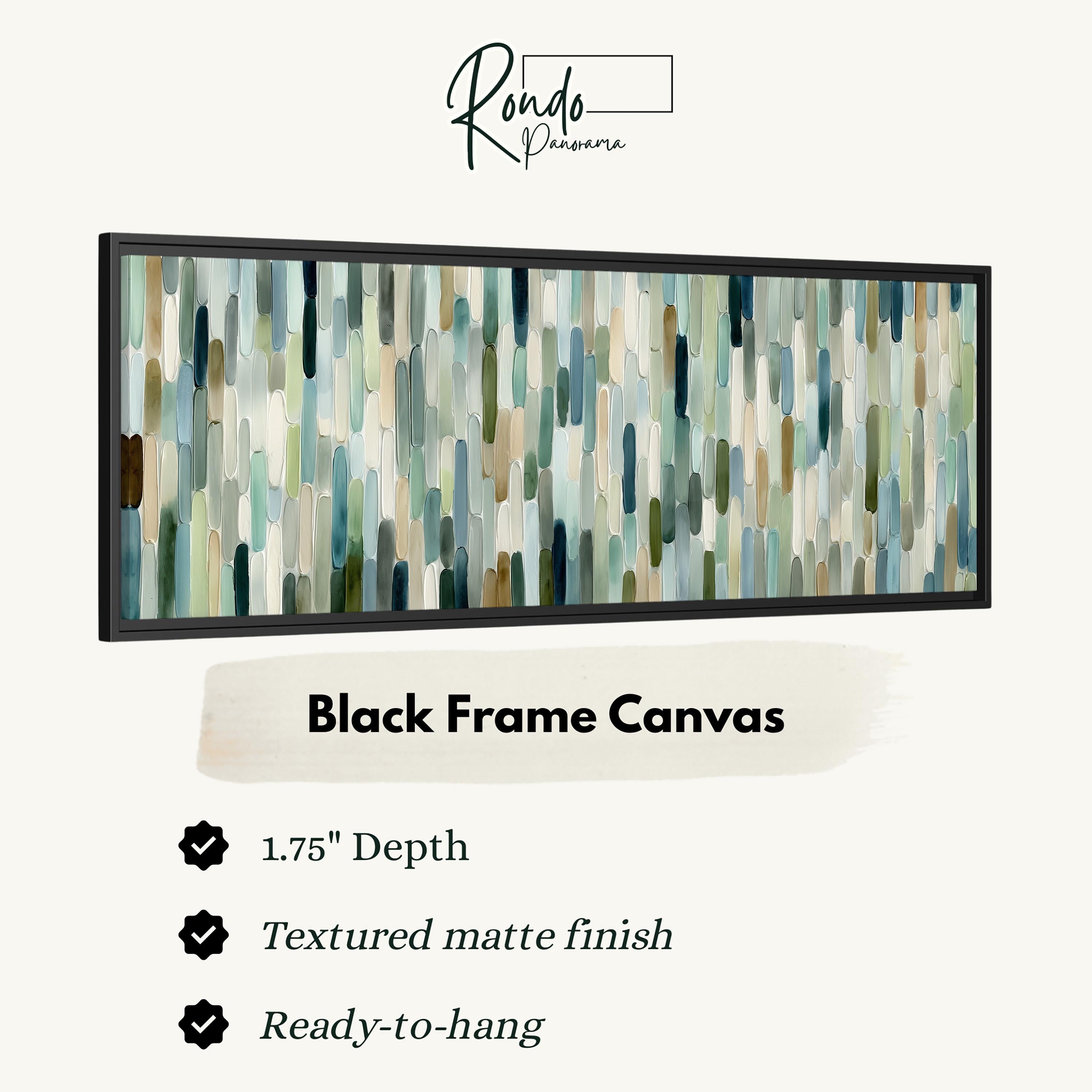 The image is a black frame canvas with a textured matte finish, measuring 1.75" in depth. It is ready to hang and has a textured matte finish.