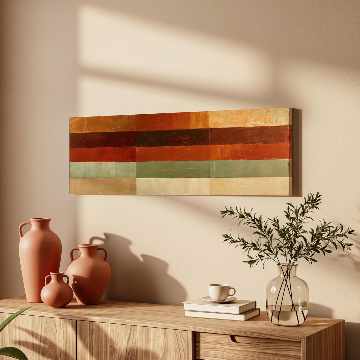 Amber, rust and sage horizontal color bands long horizontal canvas print above a wooden sideboard