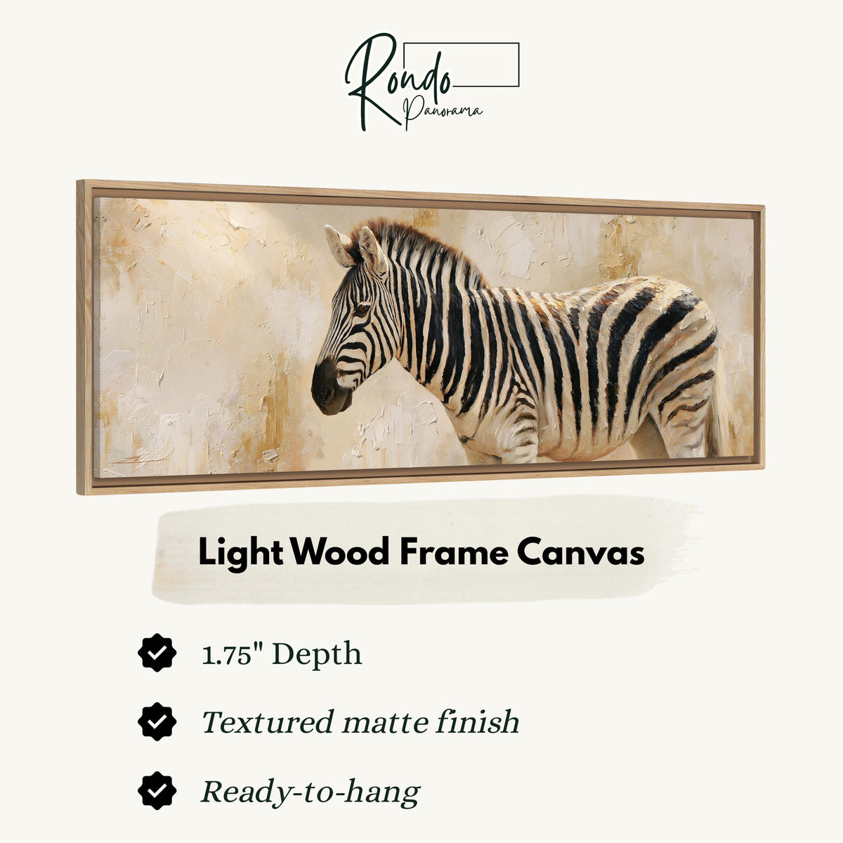 Zebra on a sandy textured background canvas print in a light wood floating frame