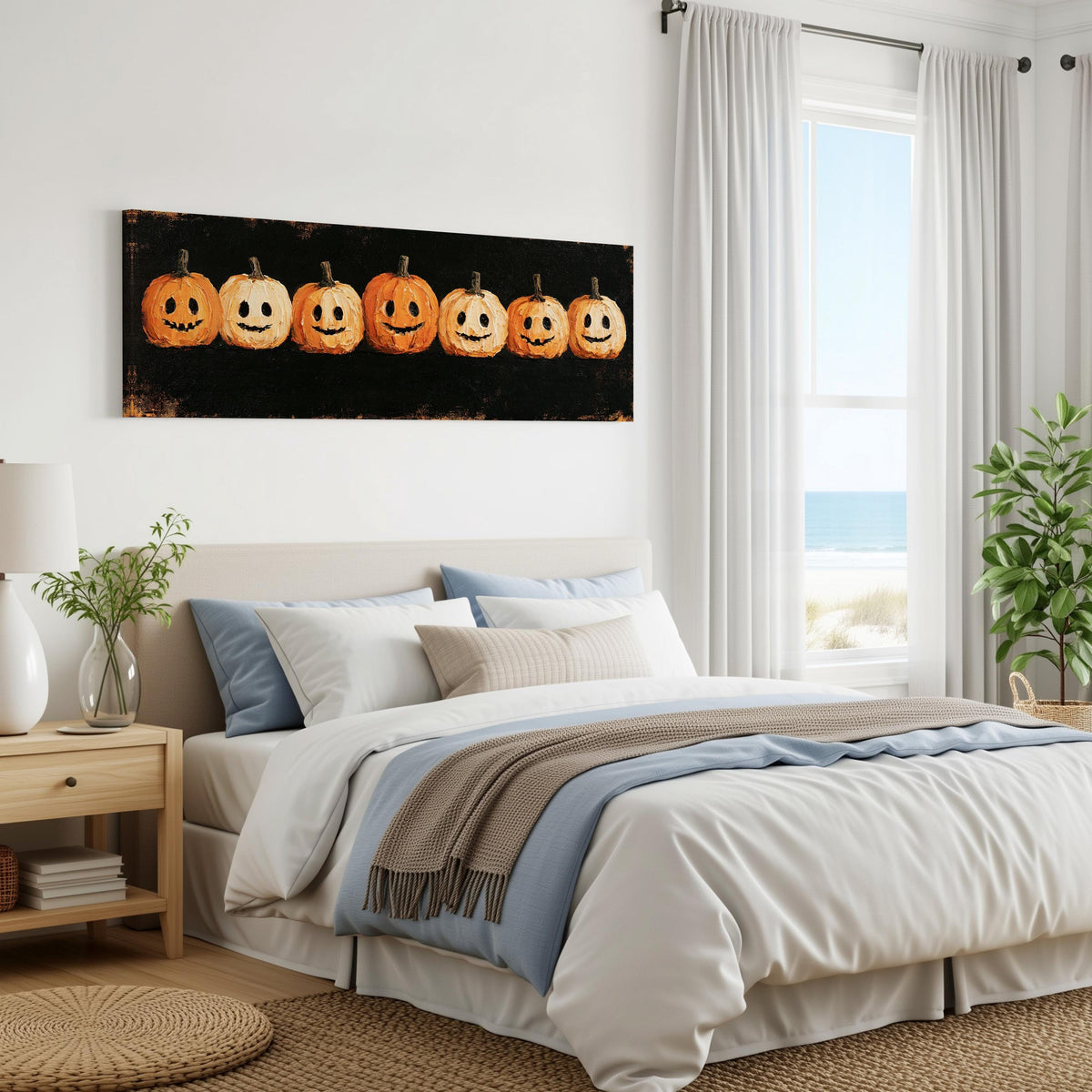 Row of smiling jack-o'-lanterns panoramic canvas print above a bed in a coastal bedroom