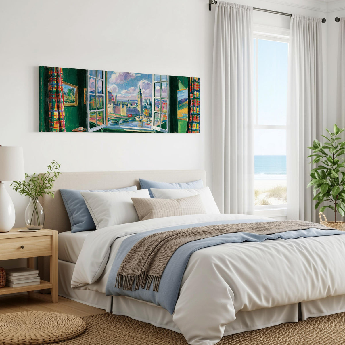 London and Big Ben through a green room window panoramic canvas print above a bed in a coastal bedroom
