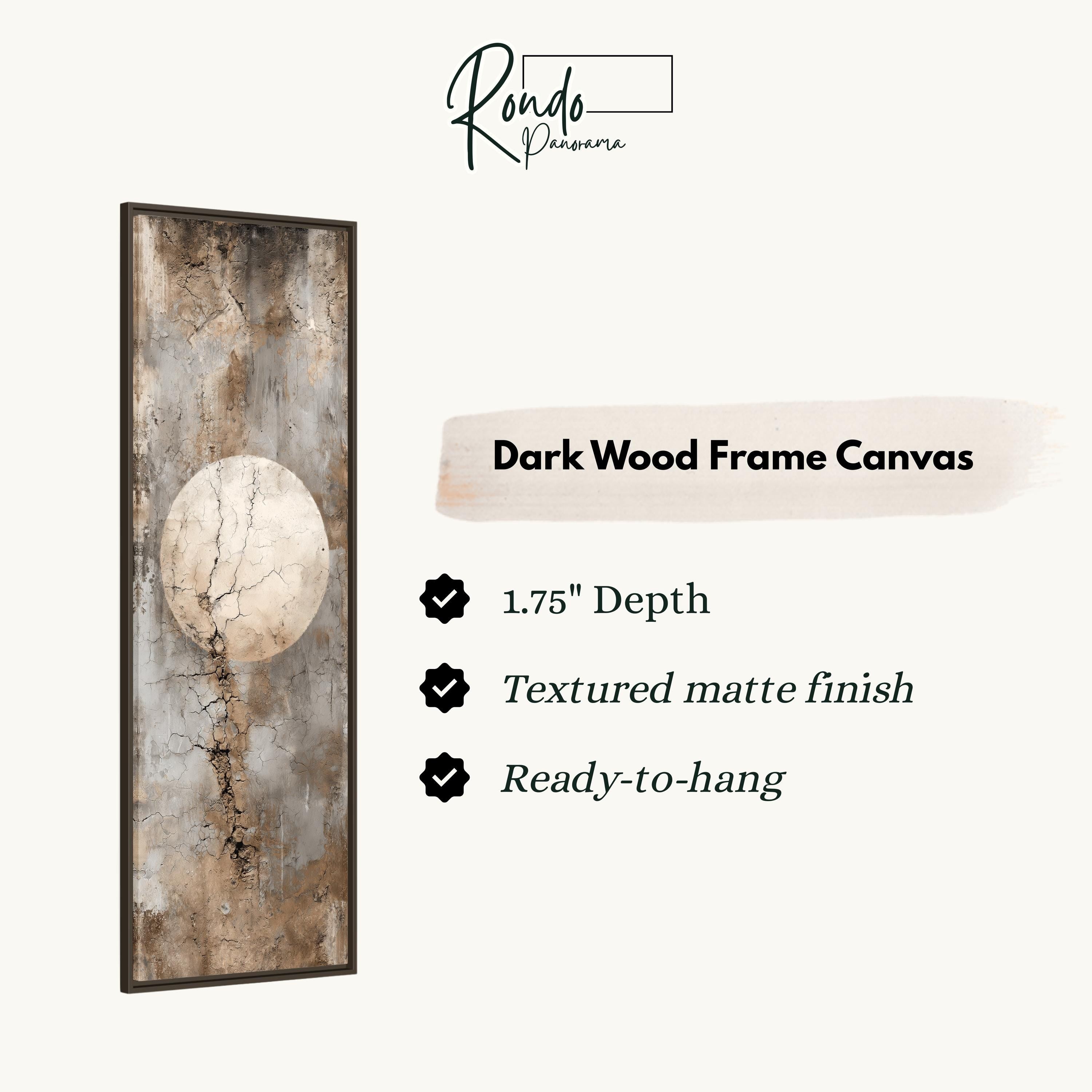 The image is a product description for a dark wood frame canvas. It features a large, abstract painting with a tree trunk and a large circle in the center. The canvas is described as having a 1.75" depth, a textured matte finish, and is ready to hang.