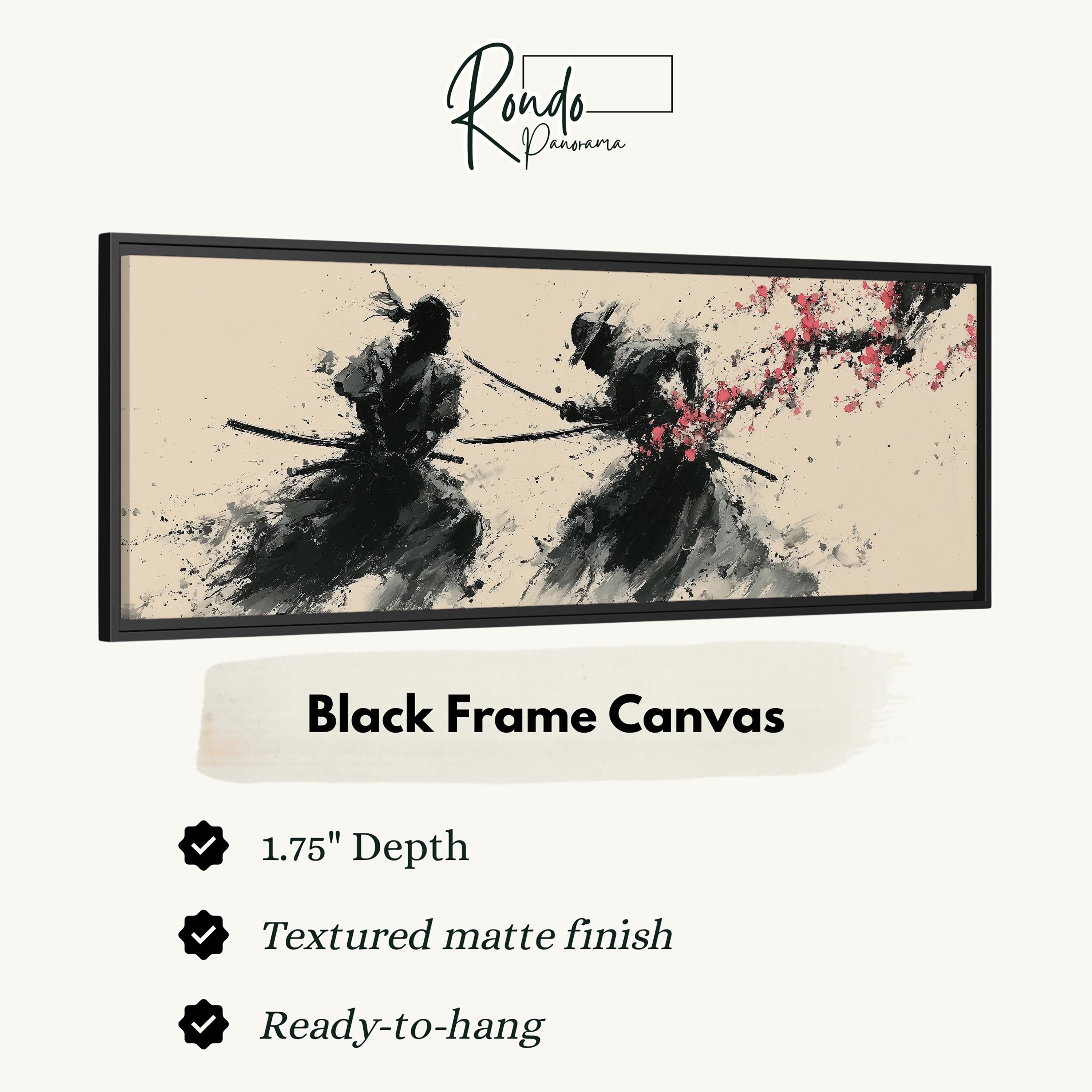 a black frame canvas depicting two figures wielding swords, with a background of pink and white splashes.