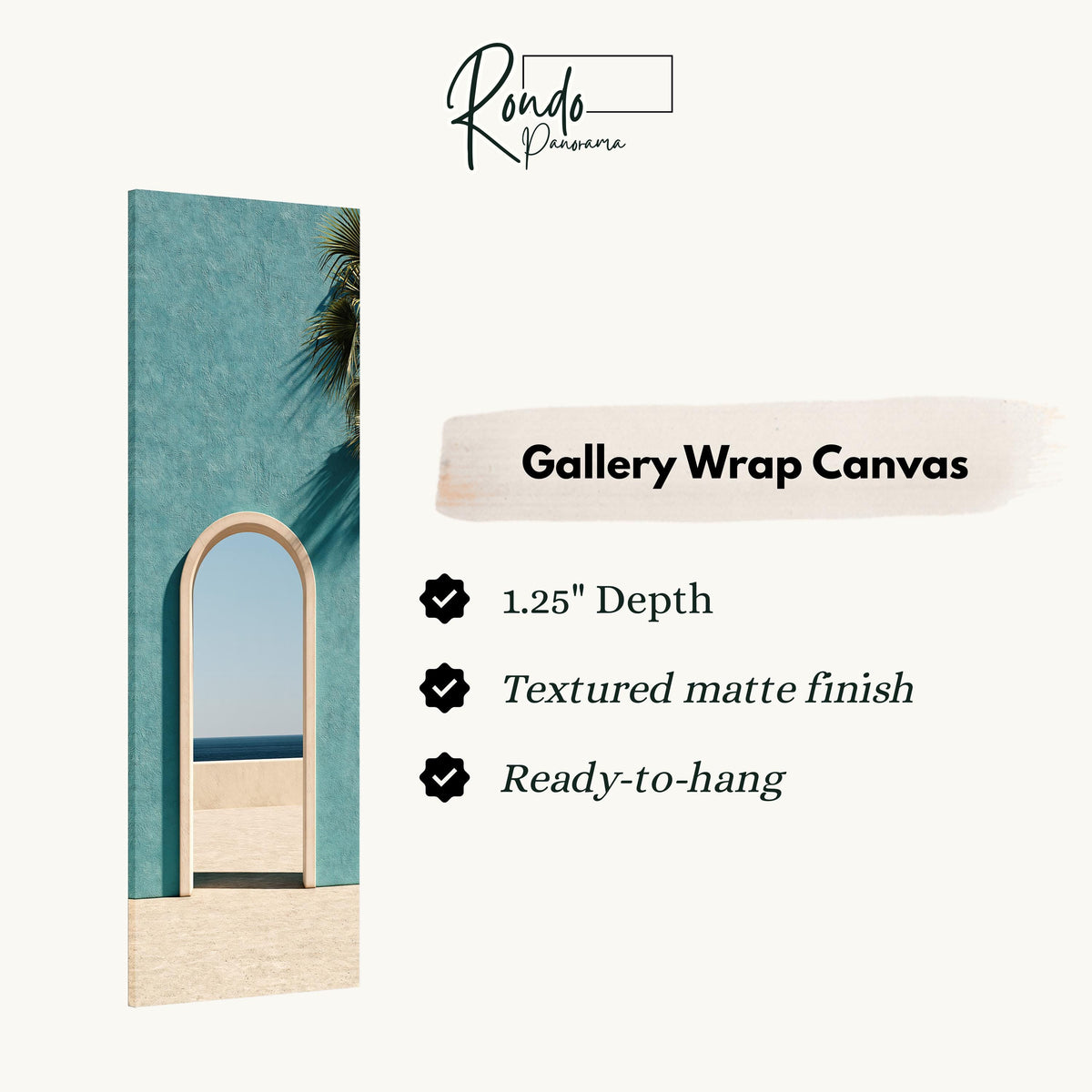 Arched doorway in a teal wall opening to the sea gallery wrap canvas with the image wrapped around the edges