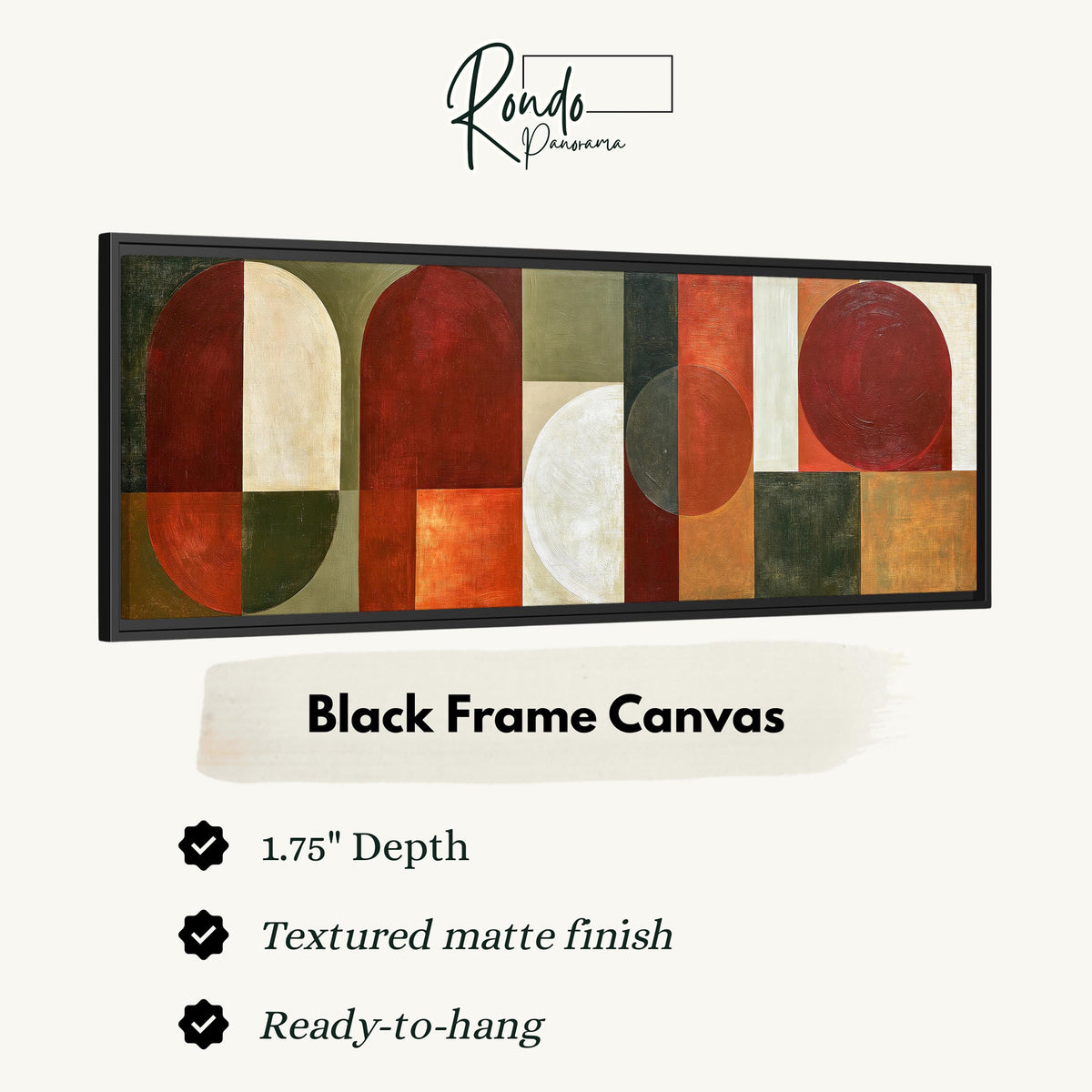 Maroon and olive geometric arches canvas print in a black floating frame