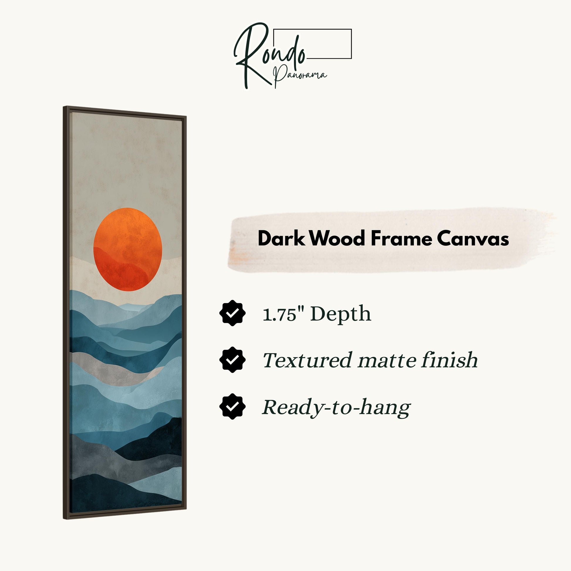 The image is a dark wood frame canvas depicting a landscape with mountains and a sun.