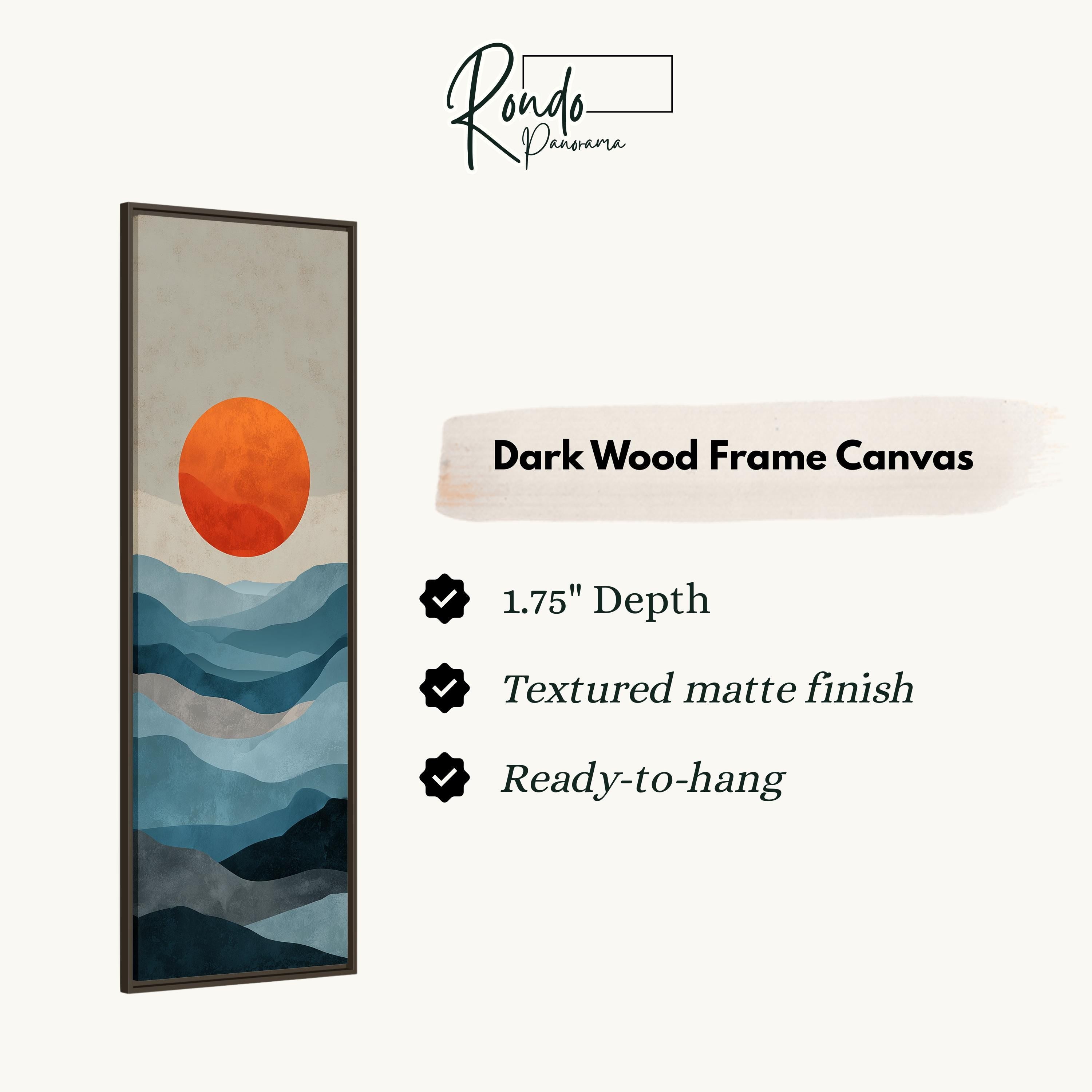 The image is a dark wood frame canvas depicting a landscape with mountains and a sun.