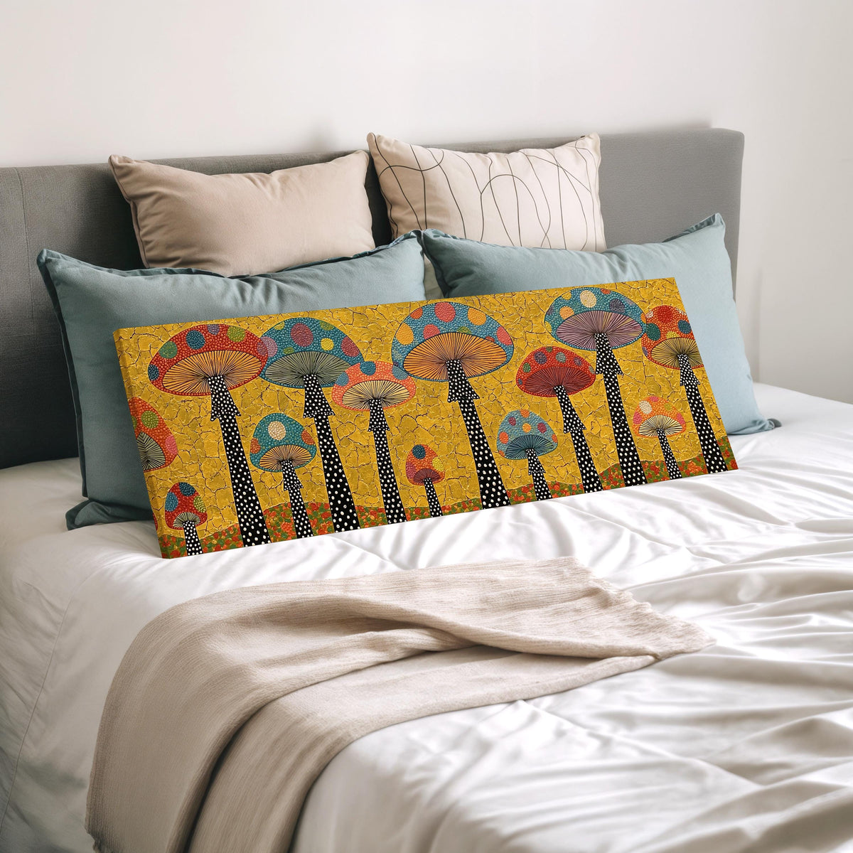 Polka dot mushrooms on gold wide panoramic canvas print laid on a bed to show its size