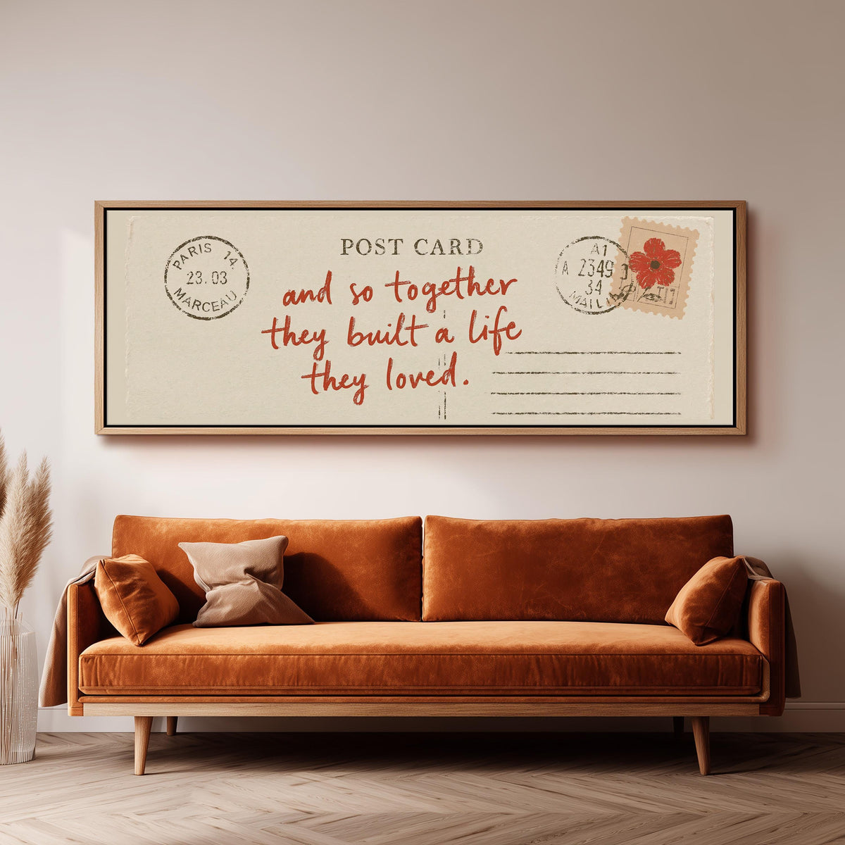 Paris postcard saying and so together they built a life they loved wide panoramic canvas print above a bench in a dark living room
