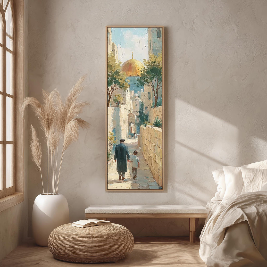 Father and child in a Jerusalem alley toward the golden dome long vertical canvas print in a sunlit living space