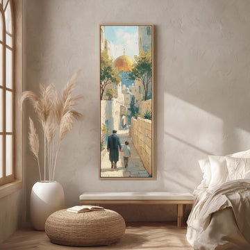 Father and child in a Jerusalem alley toward the golden dome long vertical canvas print in a sunlit living space