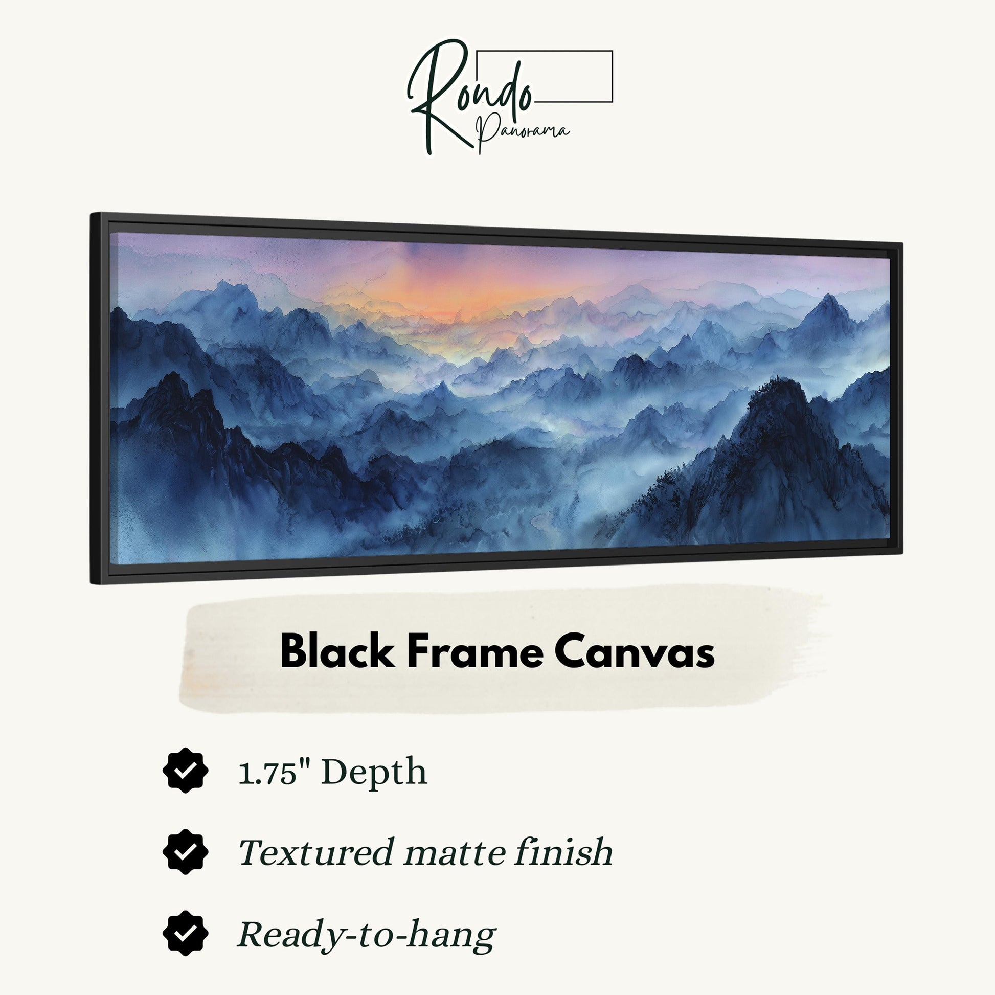 The image is a black frame canvas depicting a mountainous landscape with a hazy, misty atmosphere.
