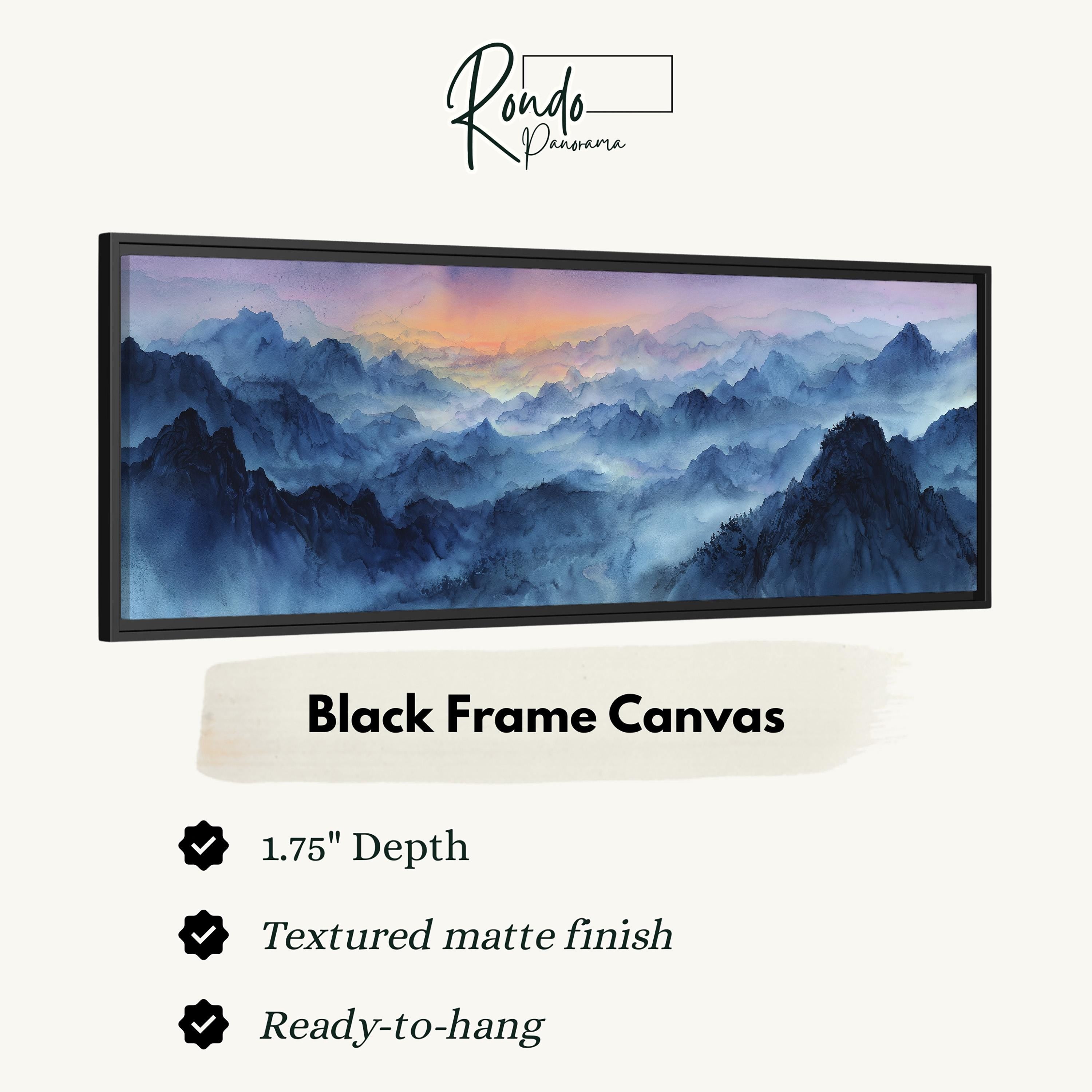 The image is a black frame canvas depicting a mountainous landscape with a hazy, misty atmosphere.