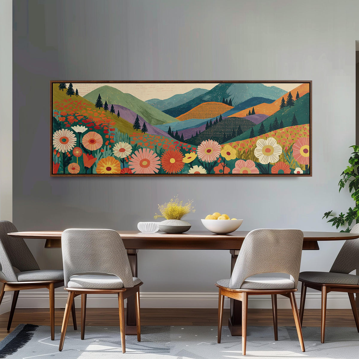 Wildflower valley below patterned mountains long horizontal canvas print above a sofa in a living room