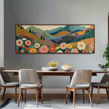 Wildflower valley below patterned mountains long horizontal canvas print above a sofa in a living room