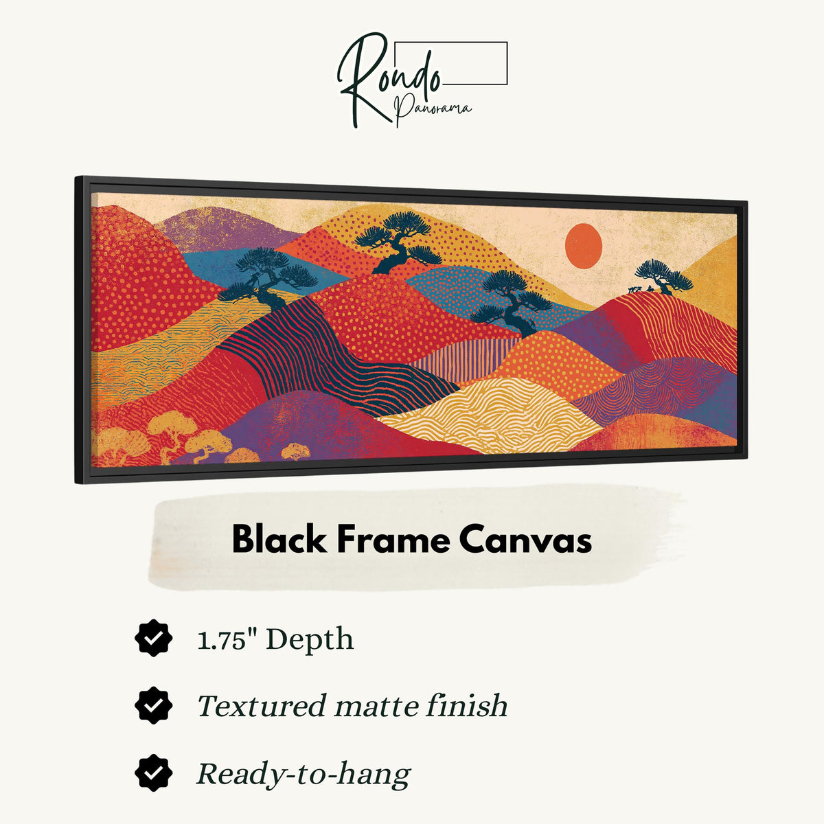 Bonsai trees on patterned hills with a red sun canvas print in a black floating frame