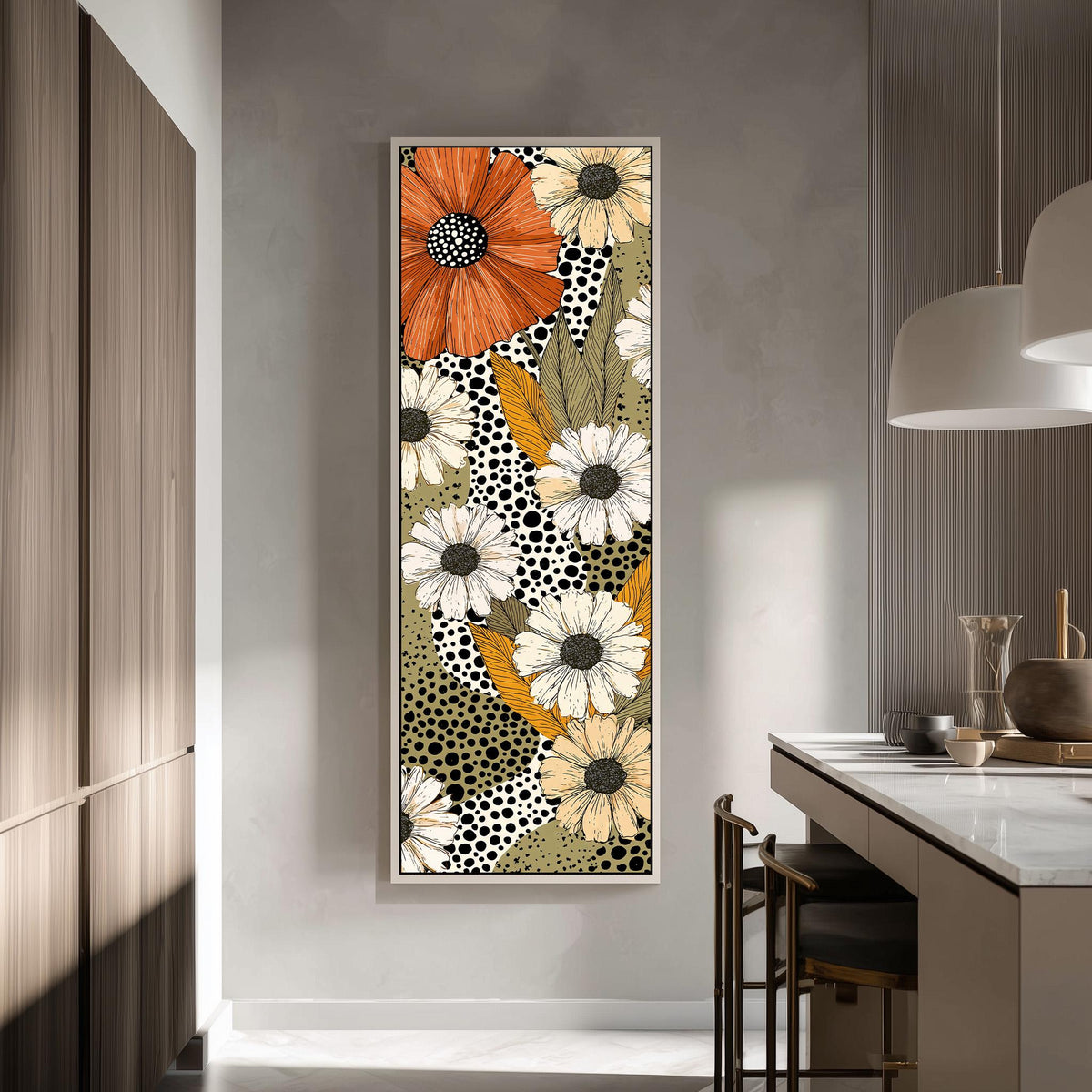 Retro daisies with polka dots tall skinny canvas print in a modern kitchen