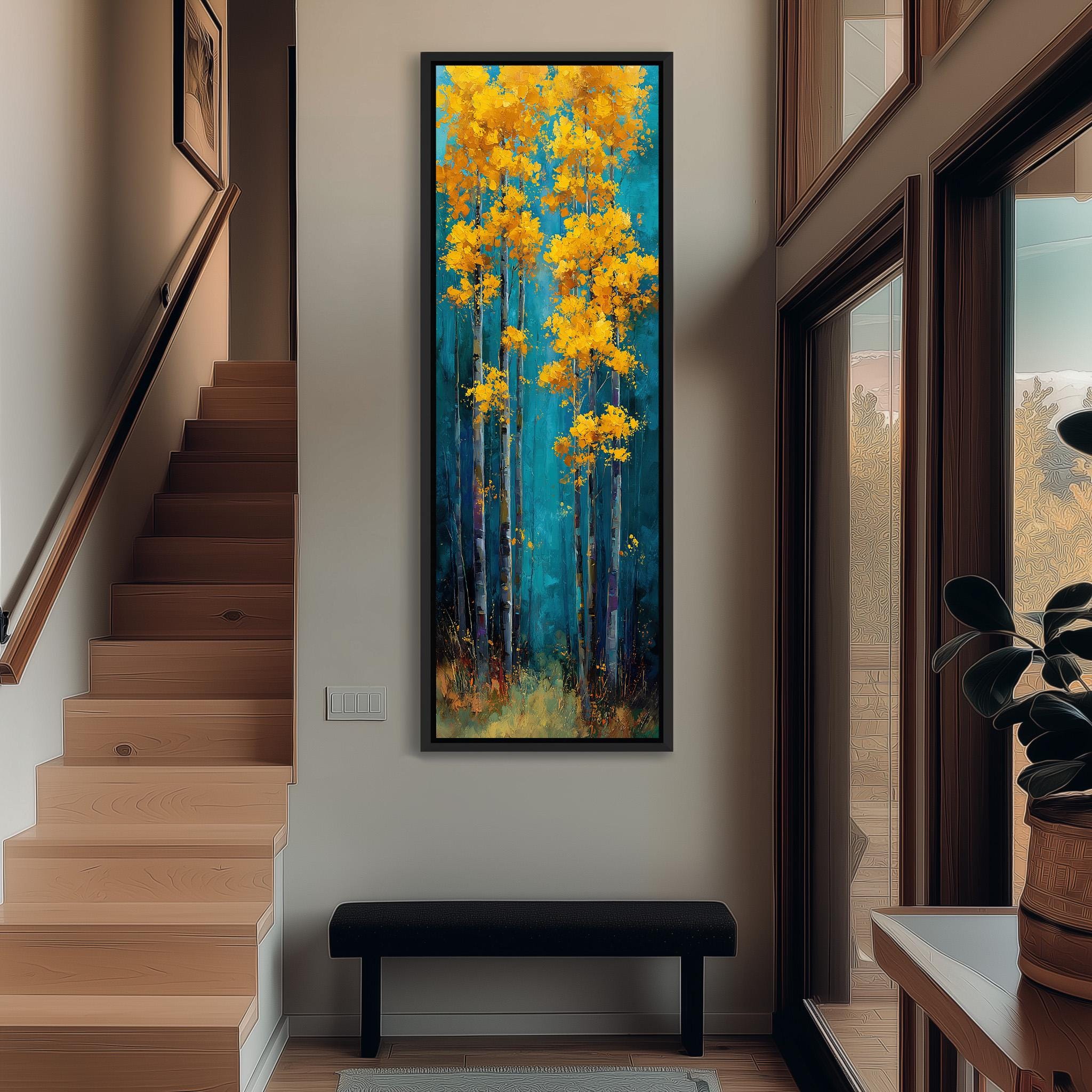a large painting of a forest scene with tall trees and vibrant yellow leaves, hanging on the wall in a hallway.