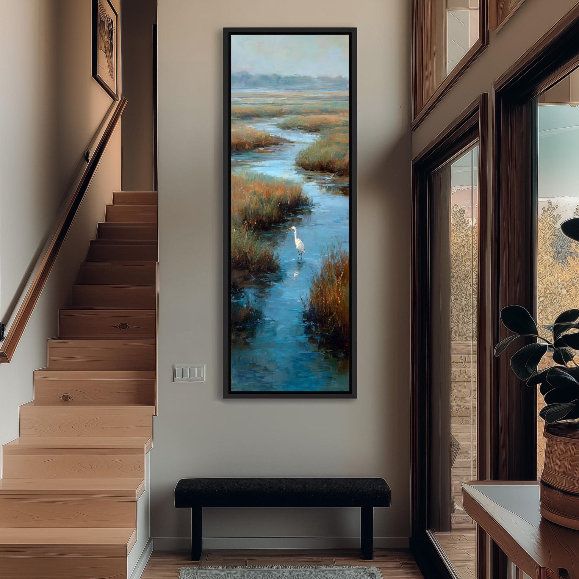 a large painting of a serene landscape with a winding river and lush vegetation, hanging on the wall of a hallway.