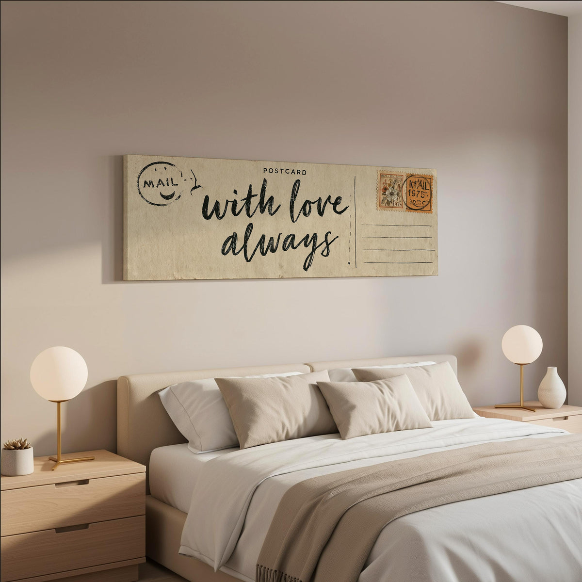 Vintage postcard saying with love always wide panoramic canvas print above a bed in a neutral bedroom