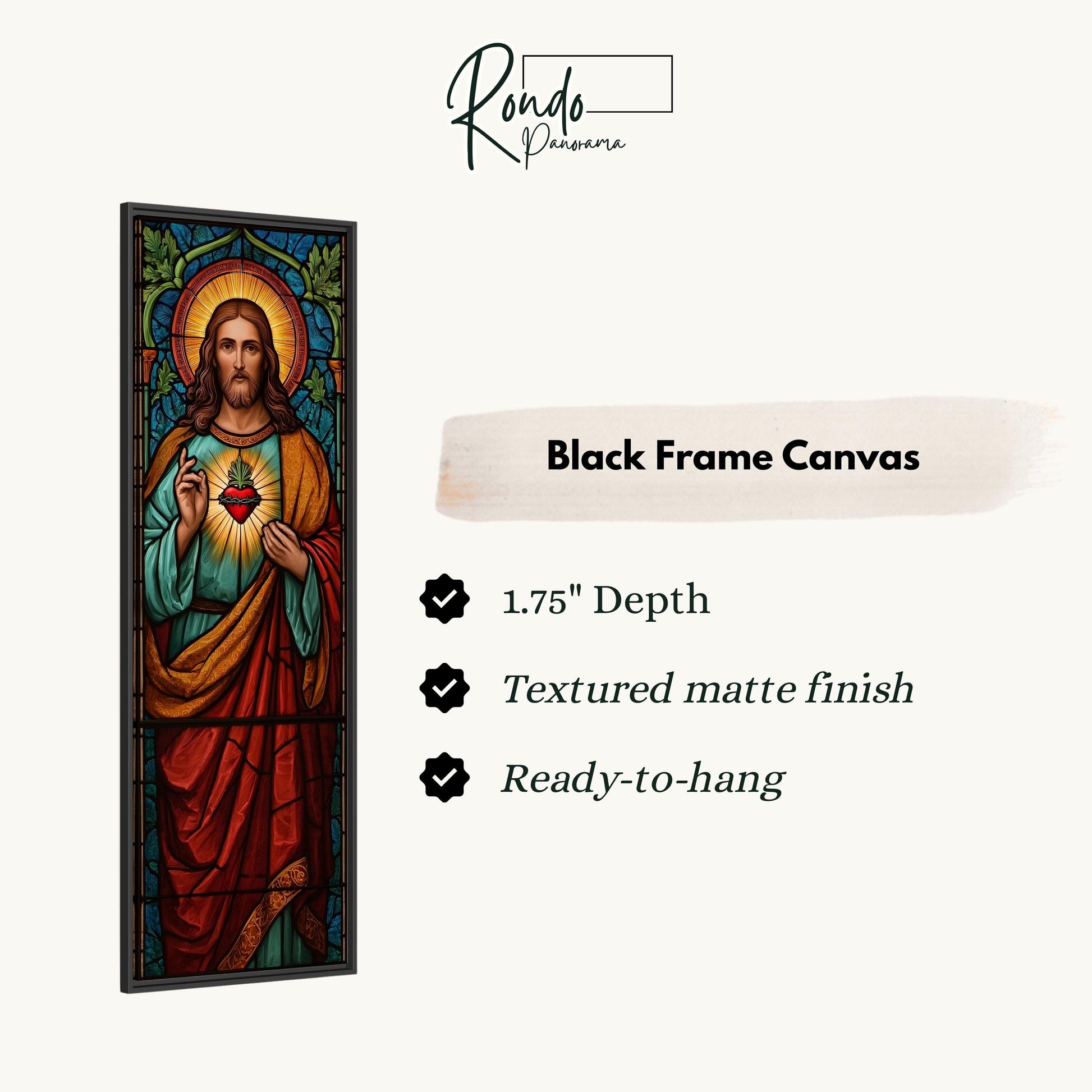 The image is a black frame canvas depicting a stained glass window of Jesus Christ.