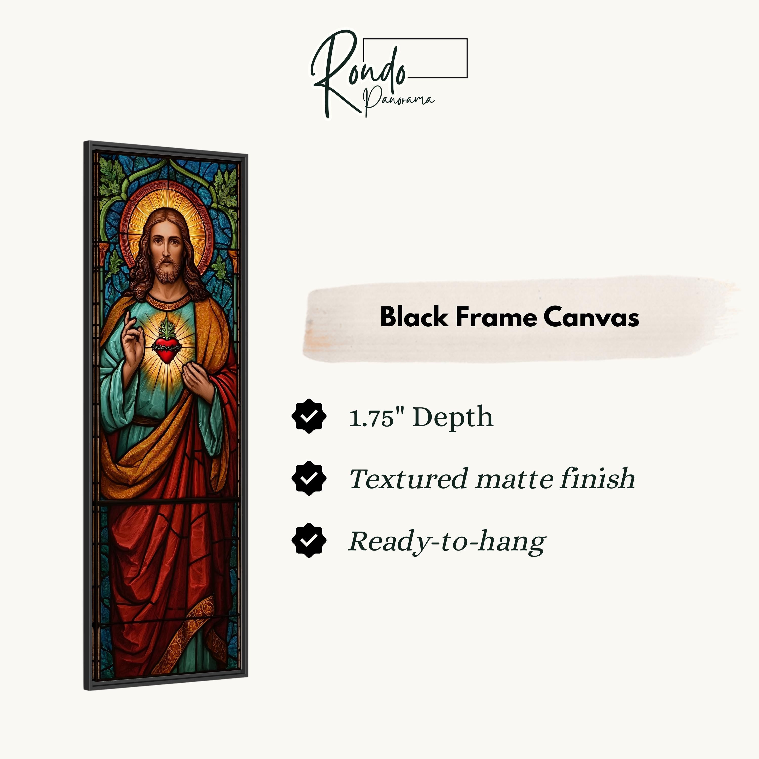 The image is a black frame canvas depicting a stained glass window of Jesus Christ.