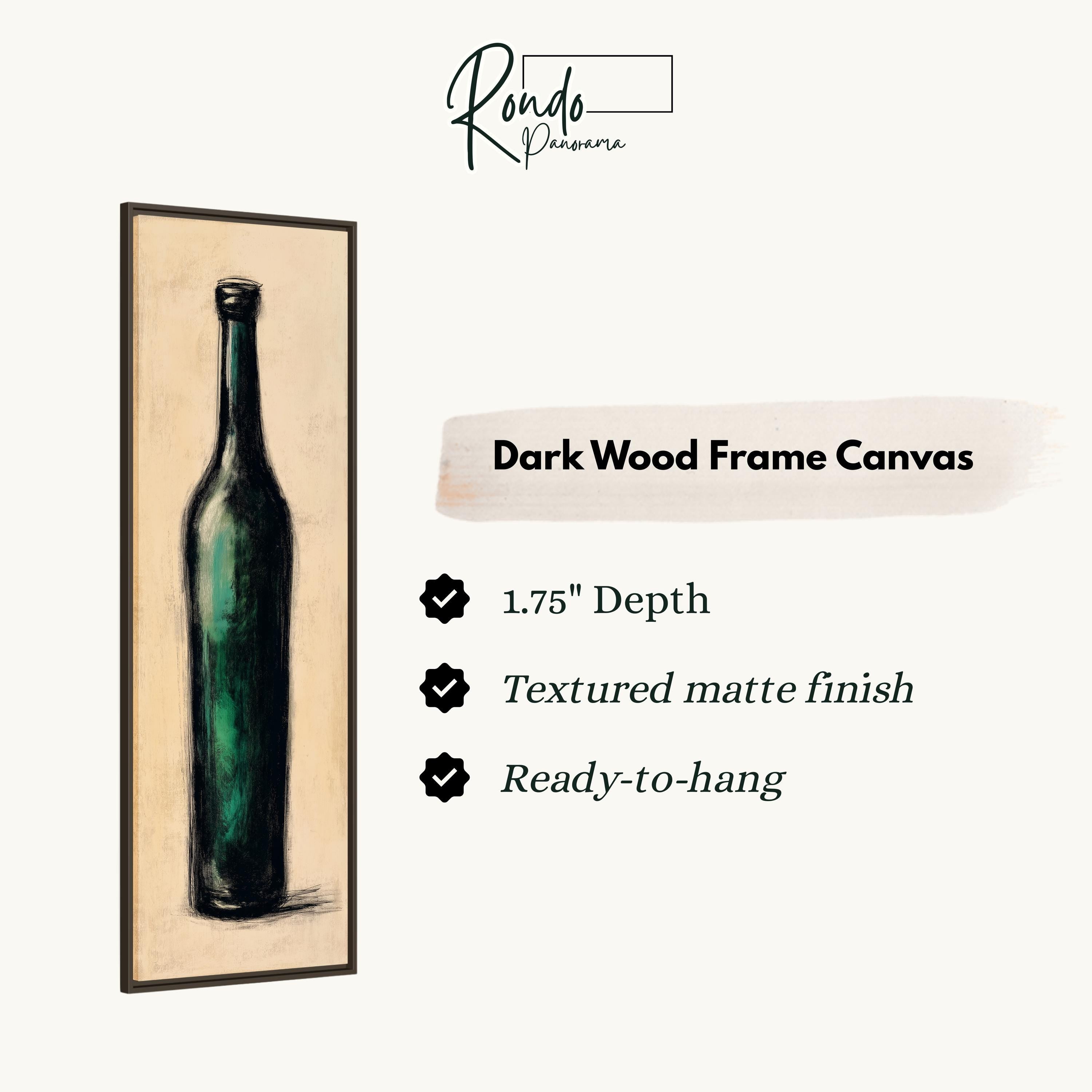 a dark wood frame canvas depicting a green bottle.