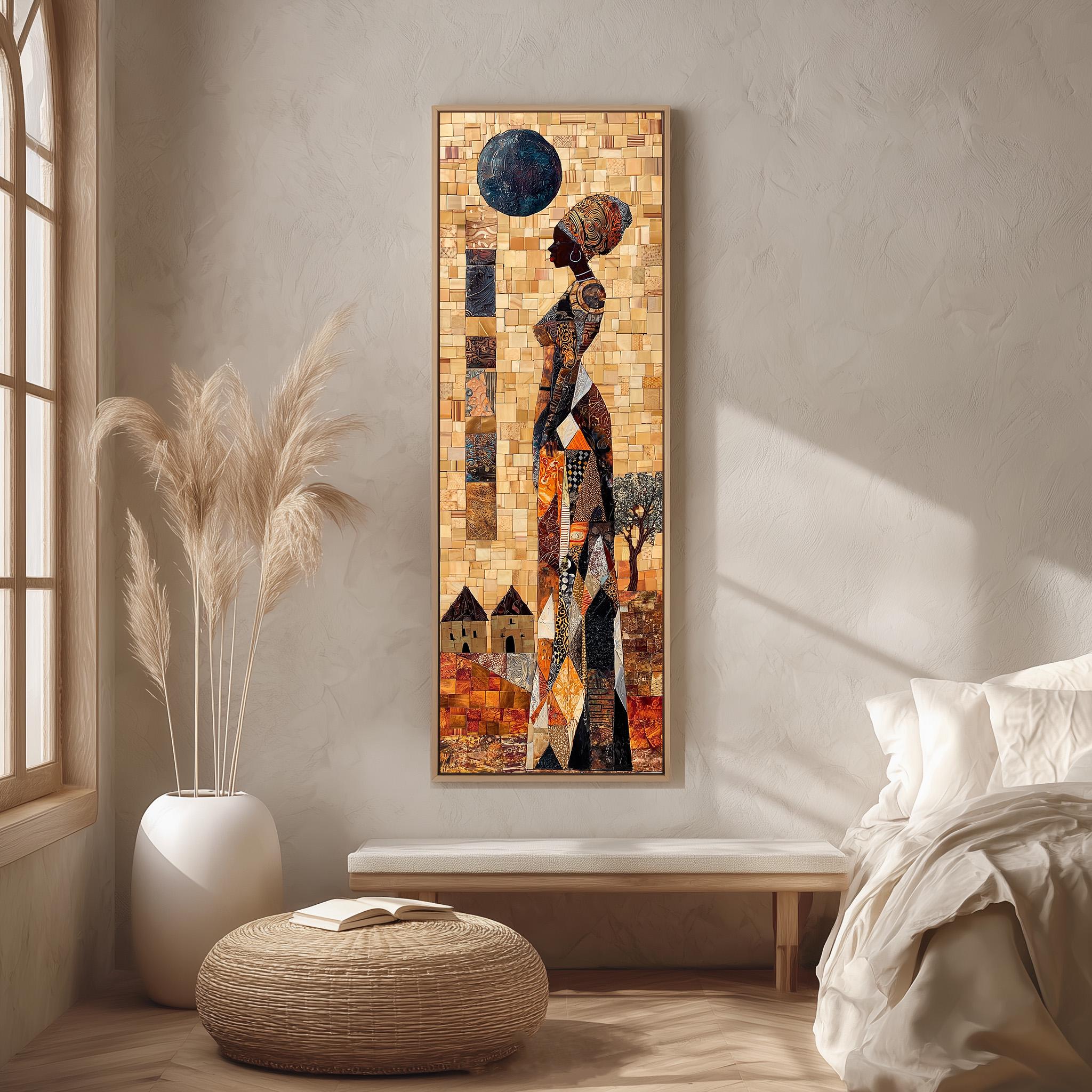 a large, colorful mosaic artwork hanging on a wall in a room. The artwork depicts a woman with a headdress, surrounded by various geometric shapes and patterns. The room has a minimalist and modern design, with a bed, a potted plant, and a woven ottoman.