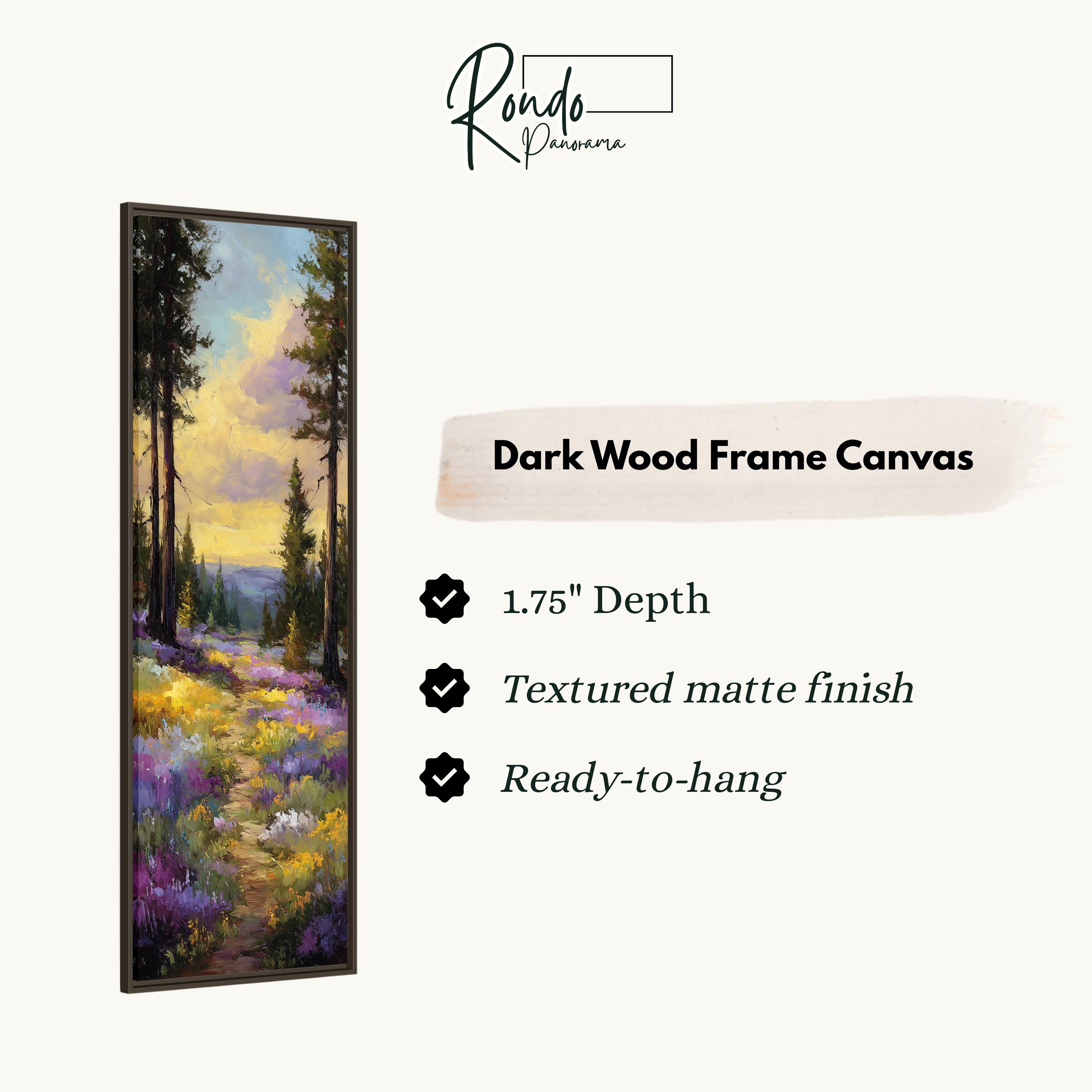 The image is a painting of a forest with a path leading through it, and it is described as a "Dark Wood Frame Canvas" with a 1.75" depth, a textured matte finish, and a ready-to-hang feature.