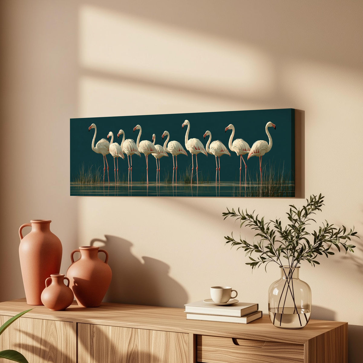 Pale flamingos wading on teal long horizontal canvas print above a wooden sideboard